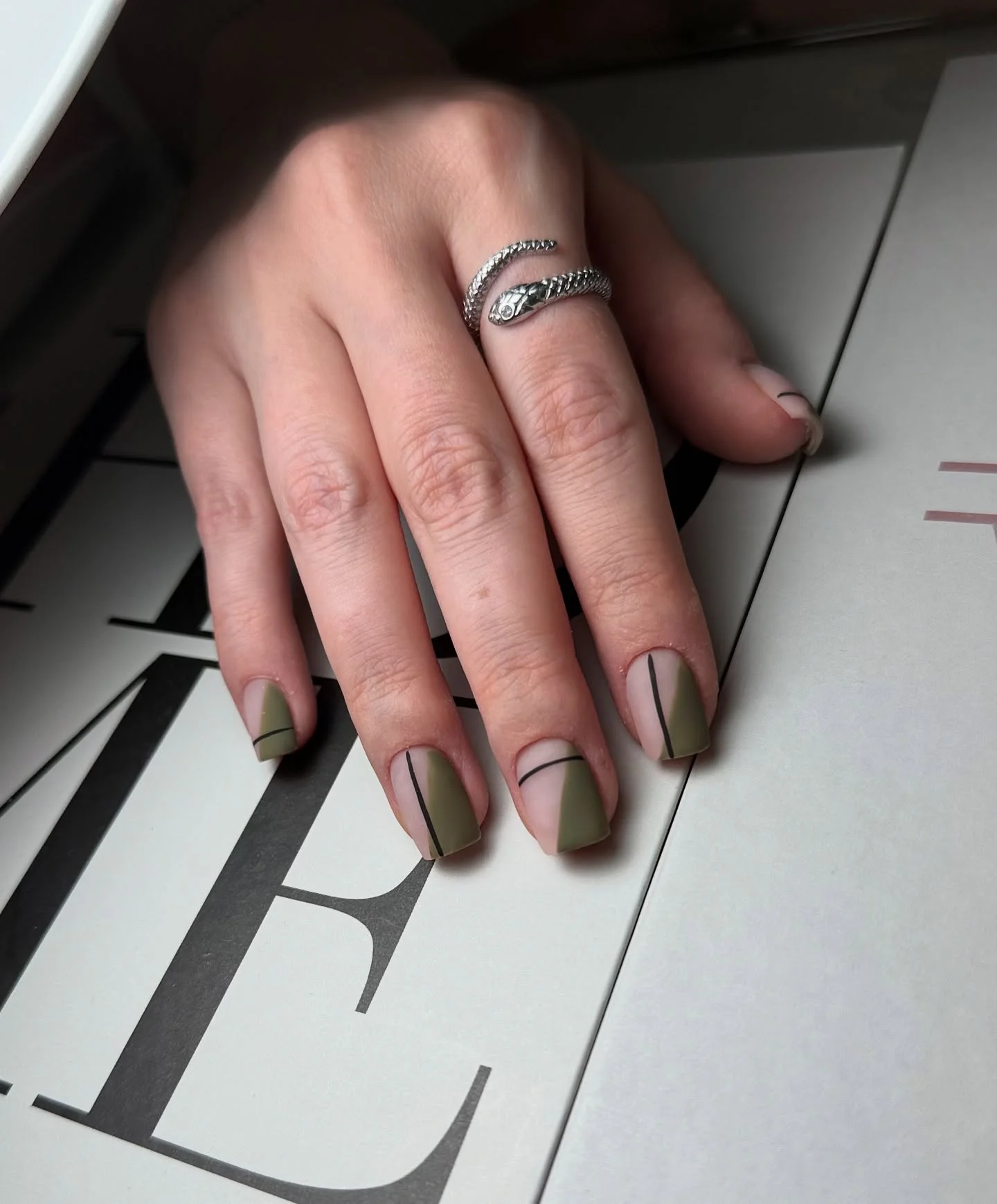 fall matte nails 2026 Olive Green With Minimal Graphic Lines