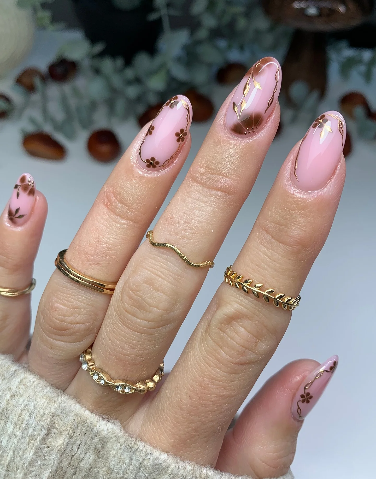 fall medium length nails 2026 Blush Pink With Delicate Brown Floral Details