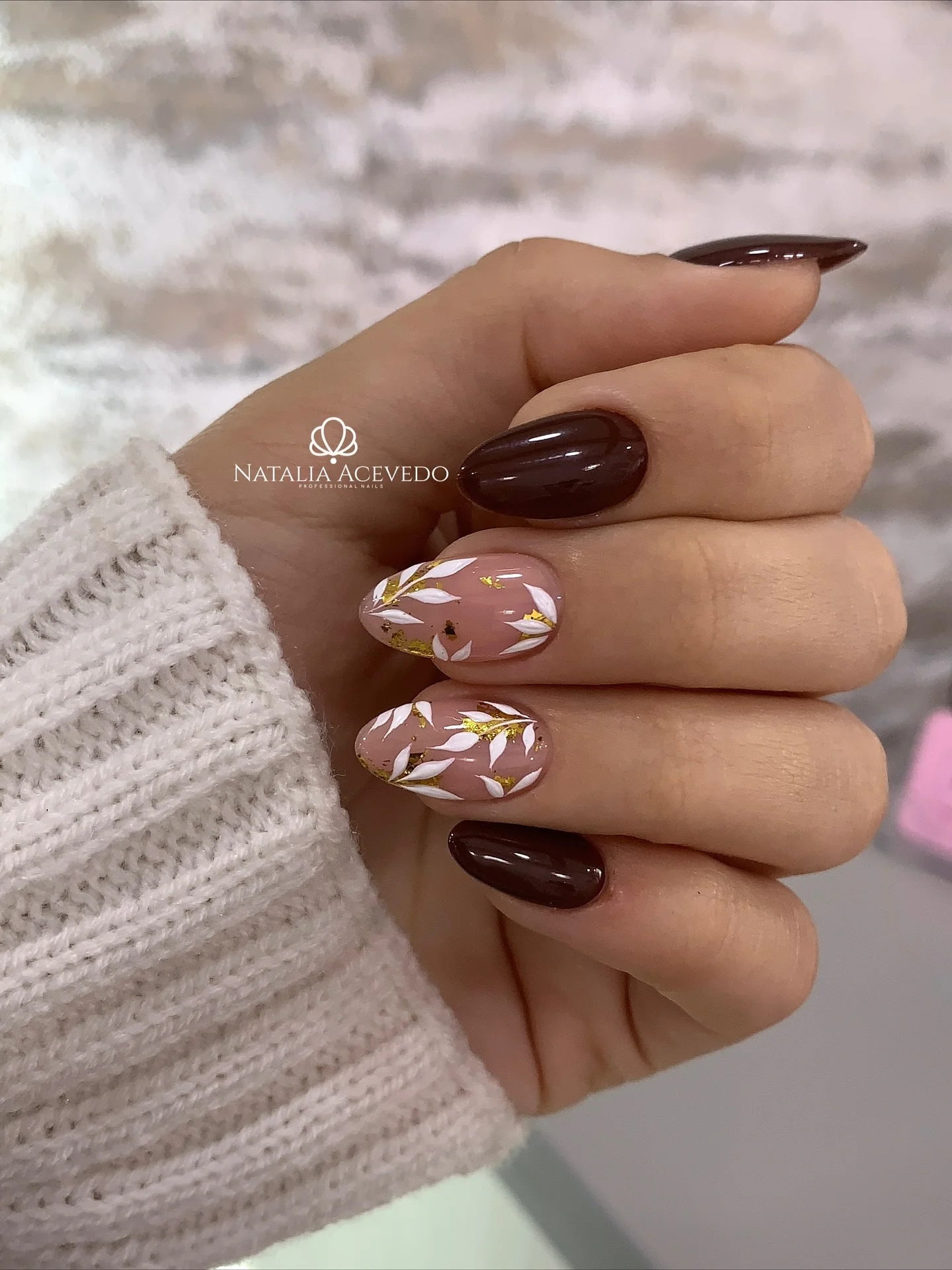 fall mid length nails 2026 Glossy Chocolate Nails With White Botanical Accents