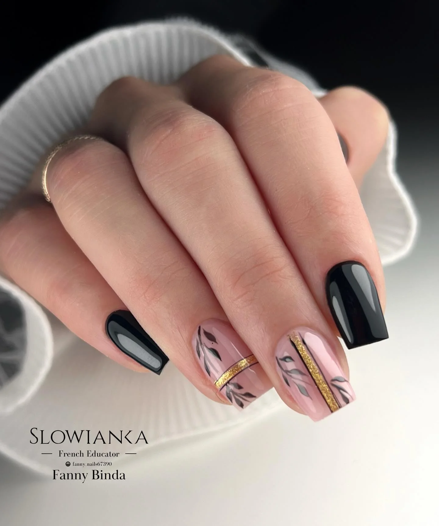 fall nail designs square shape 2026 Black And Blush Botanical Glam With Gold Details