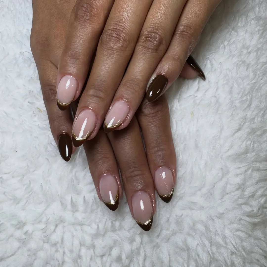 fall nails for brown skin tone Chocolate Almond French Tips With Fine Gold Glitter