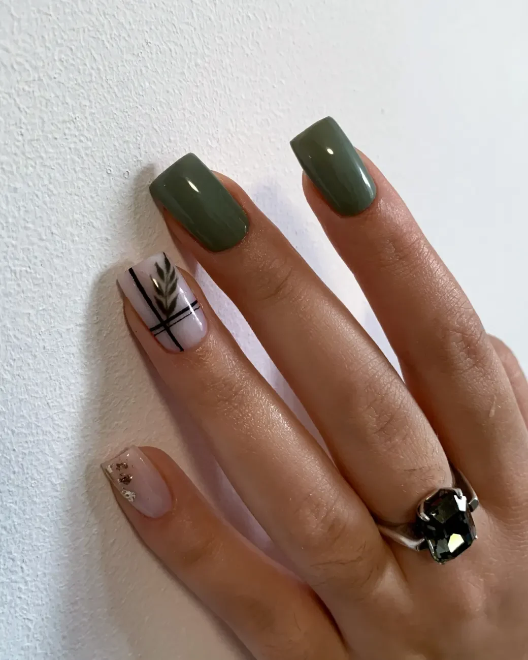 fall nails for olive skin tone 2026 Deep Olive Green With A Delicate Plaid Accent