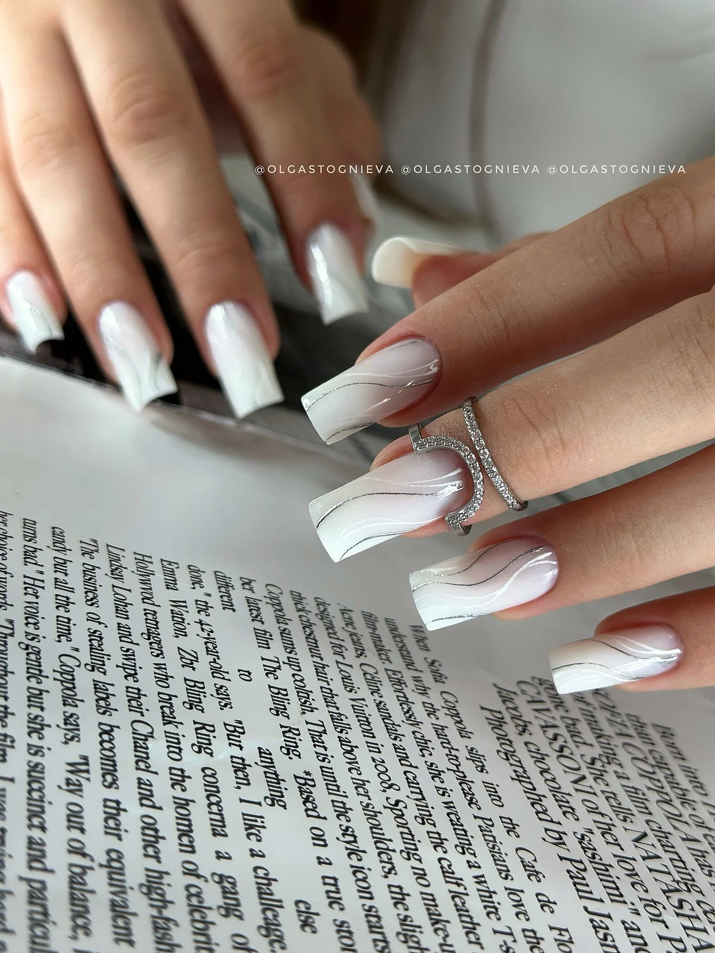 fall nails for pale skin 2026 Milky White Waves With Fine Silver Accents