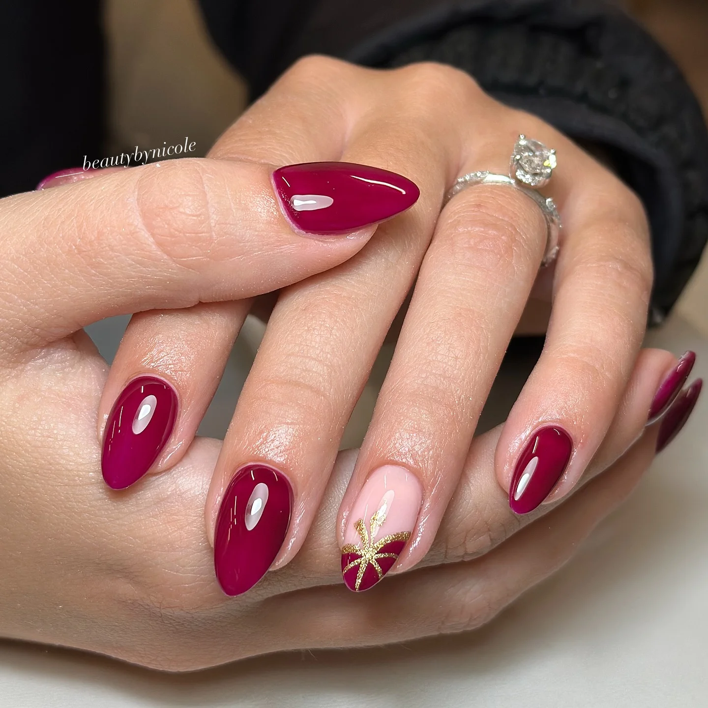fall nails with accent nail Berry Burgundy With A Delicate Gold Bow Accent
