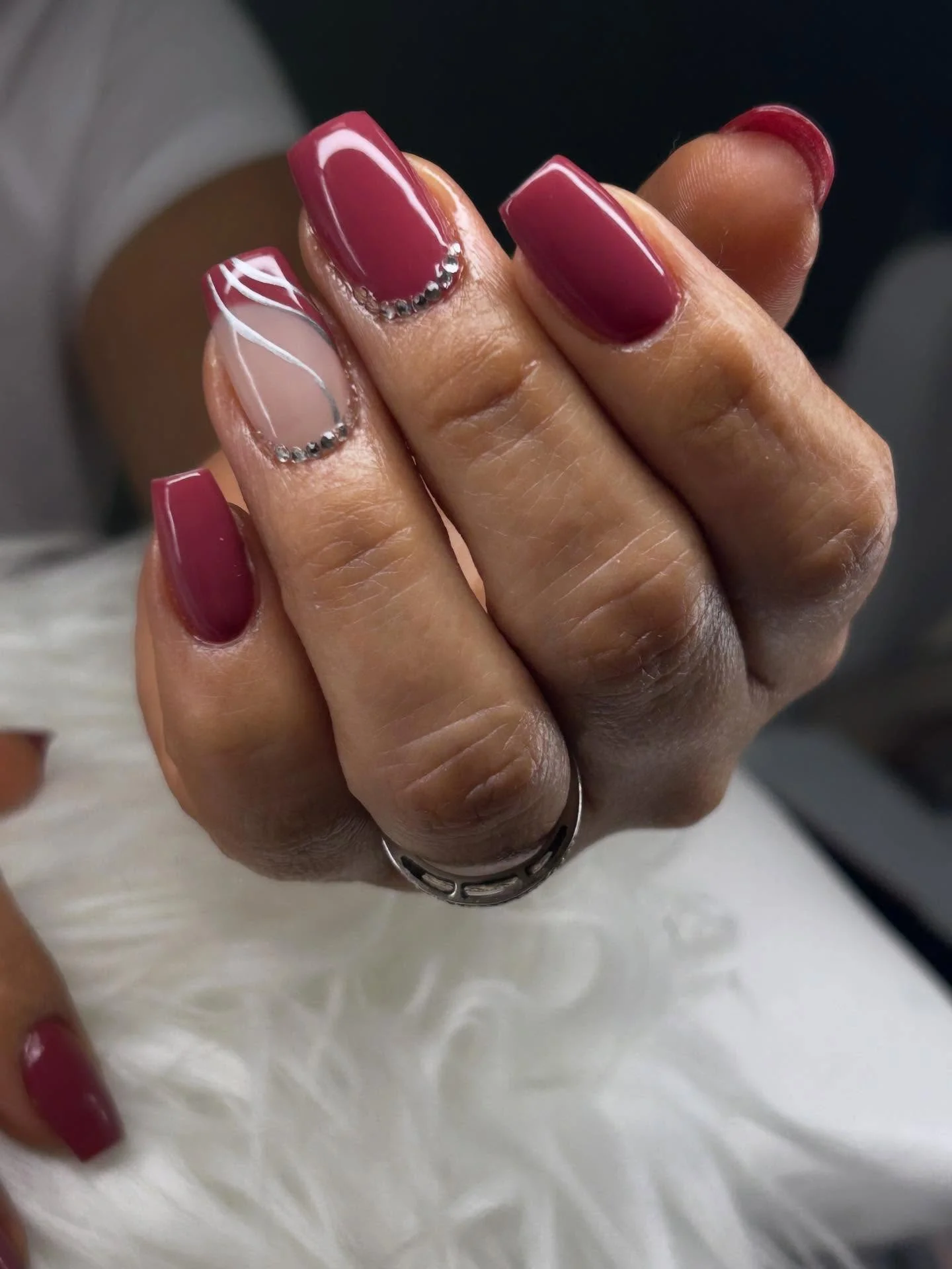 fall short coffin nails designs 2026 Deep Burgundy With Silver Rhinestone Details