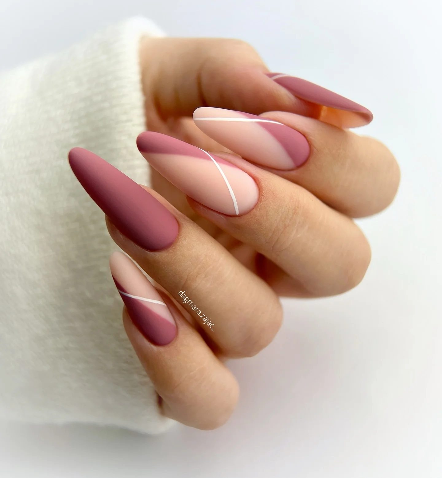 matte fall nails design 2026 Dusty Rose And Nude With Sculptural White Lines