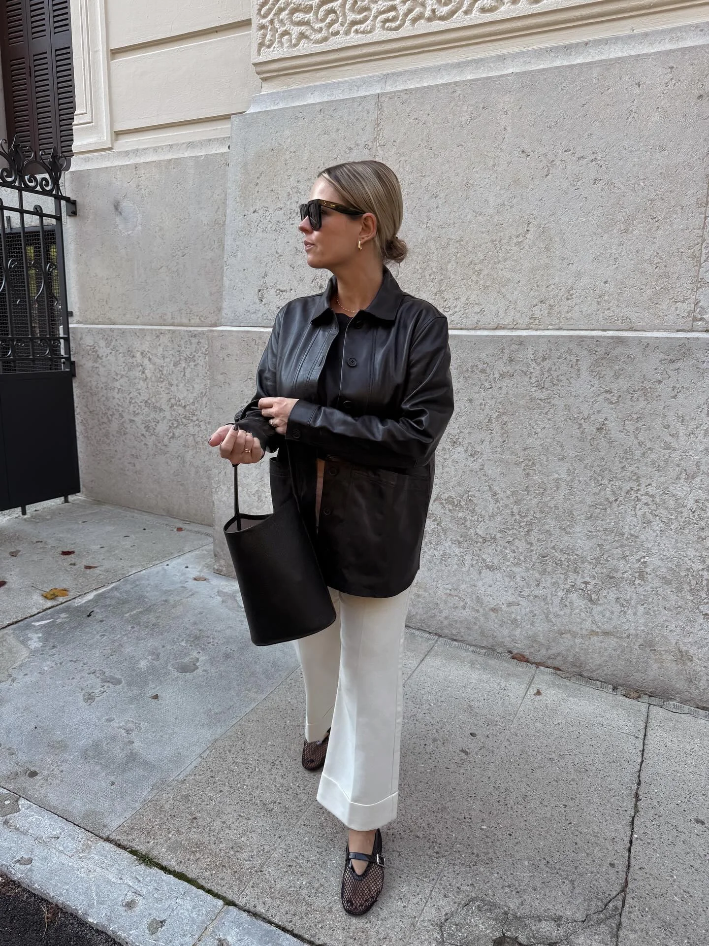 september outfit ideas 2026 Black Leather Overshirt With Crisp White Trousers