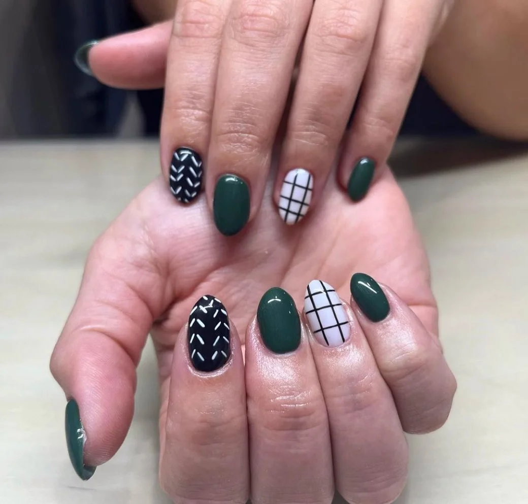 fall dark nail shadow ideas 2026 Deep Forest Green With Plaid Inspired Details