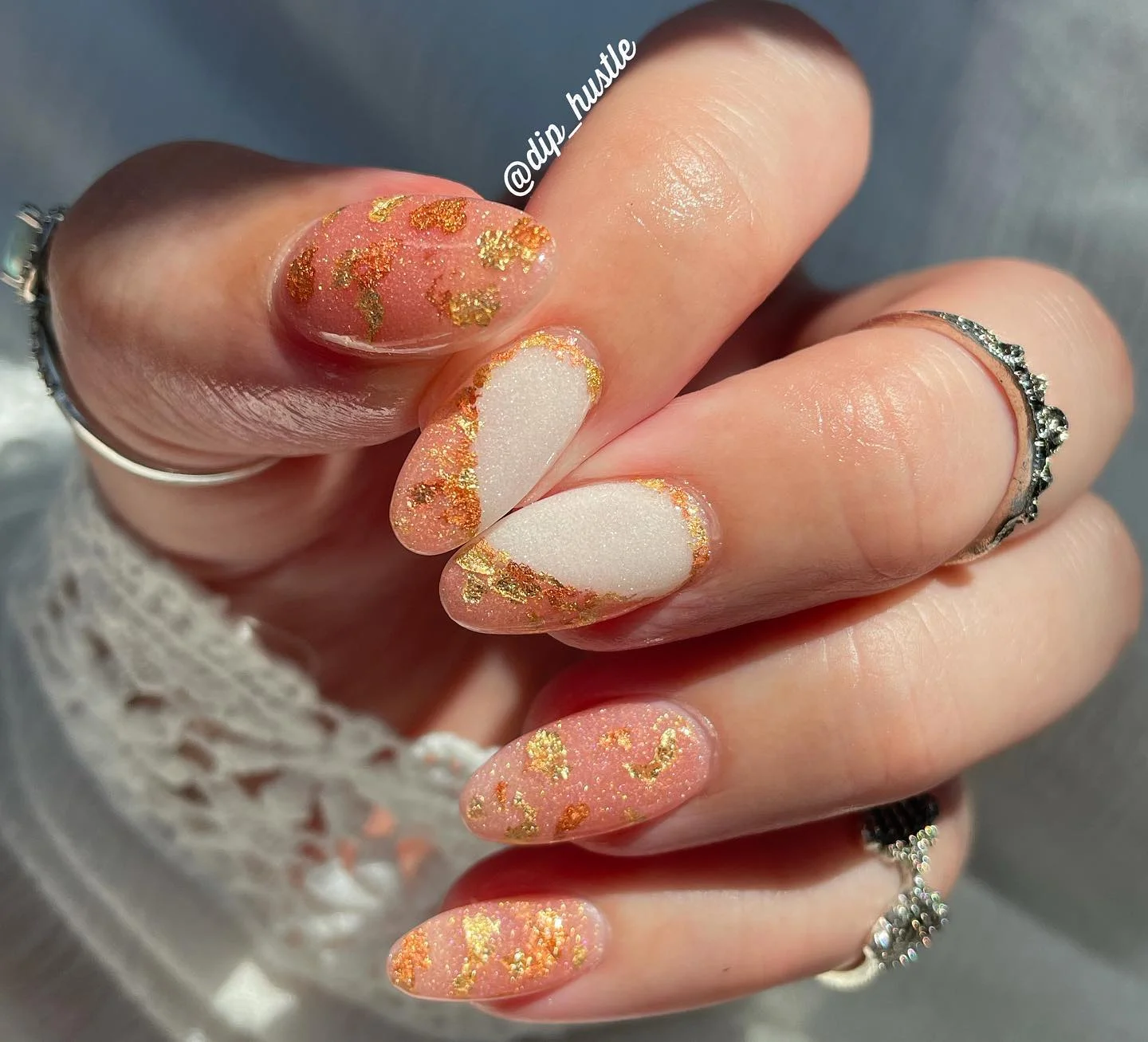 fall dip nails 2026 Blush Pink And Gold Foil For A Soft Fall Manicure