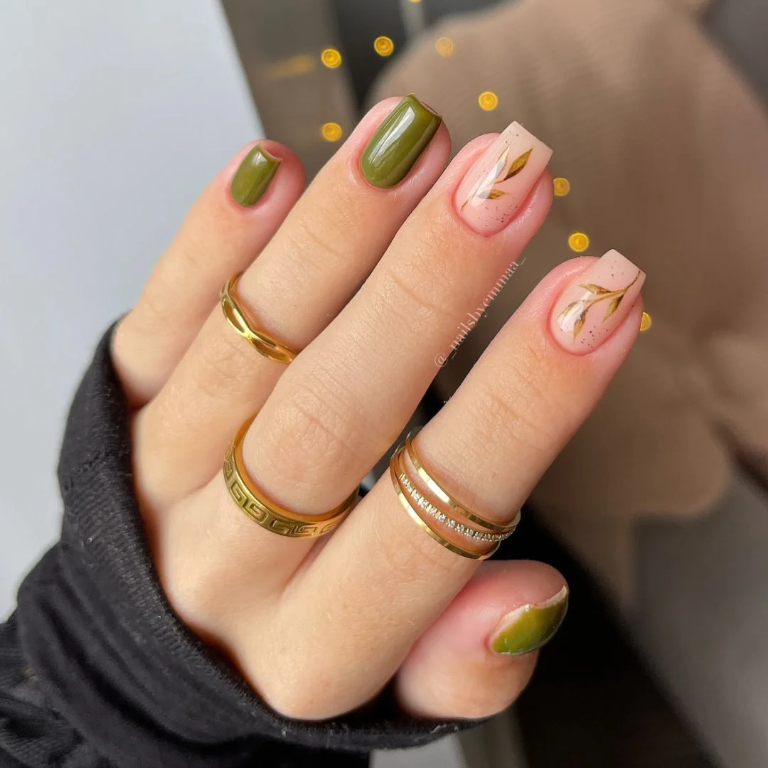 fall nail designs square shape 2026 Olive Minimalist Leaves For Everyday Autumn Style