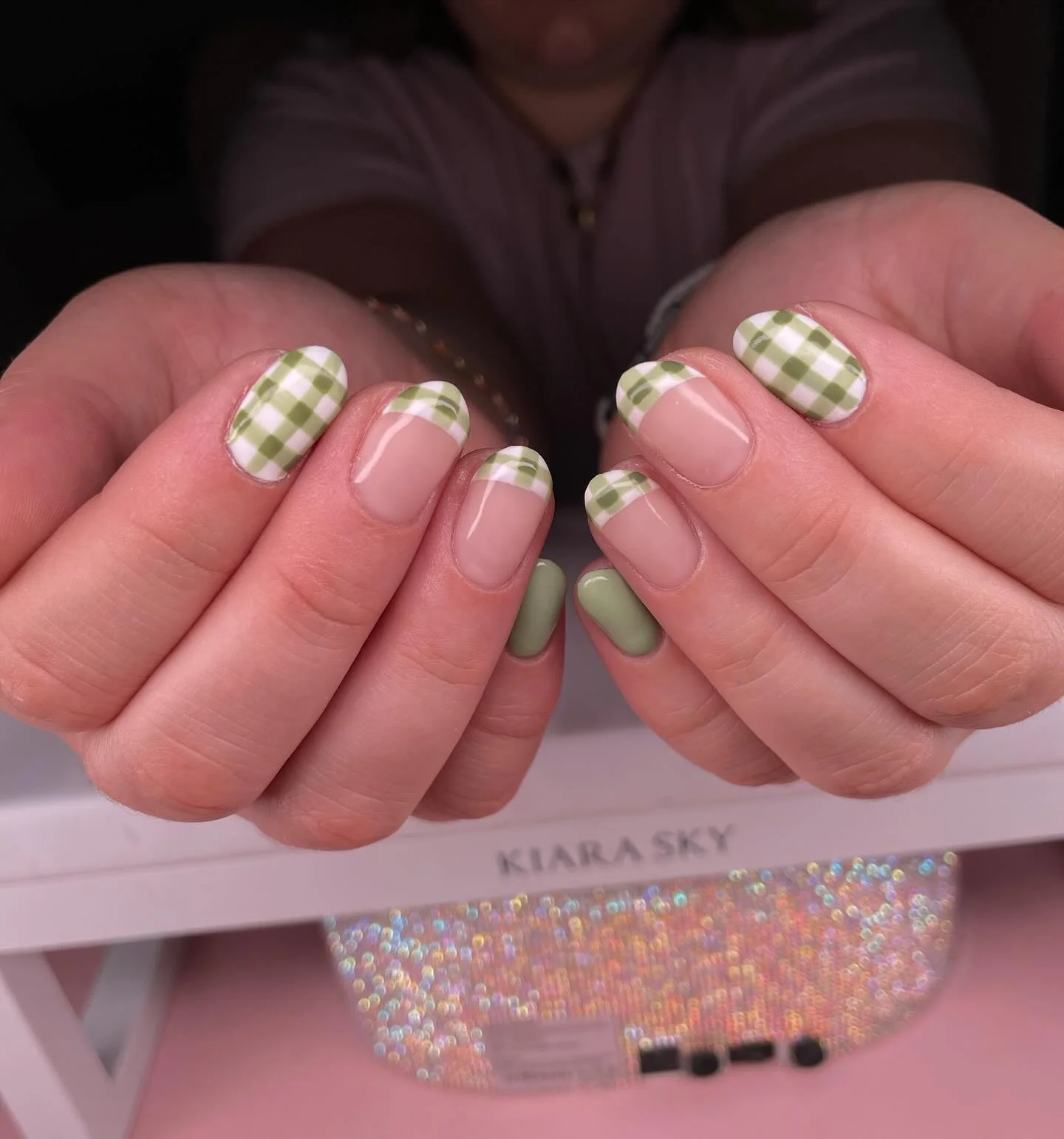 fall nail trends 2026 Soft Sage Gingham French Tips