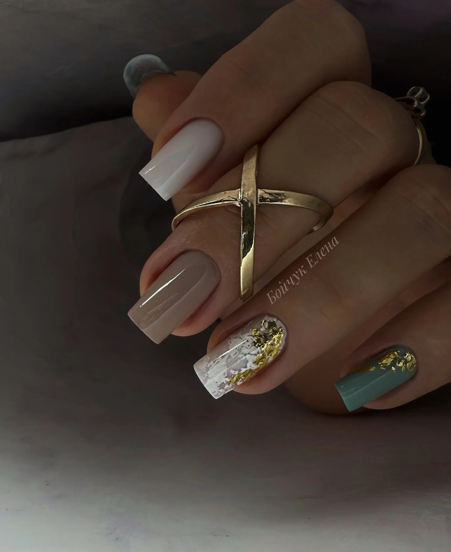 fall nails for olive skin tone 2026 Warm Taupe Cream And Gold Foil Elegance