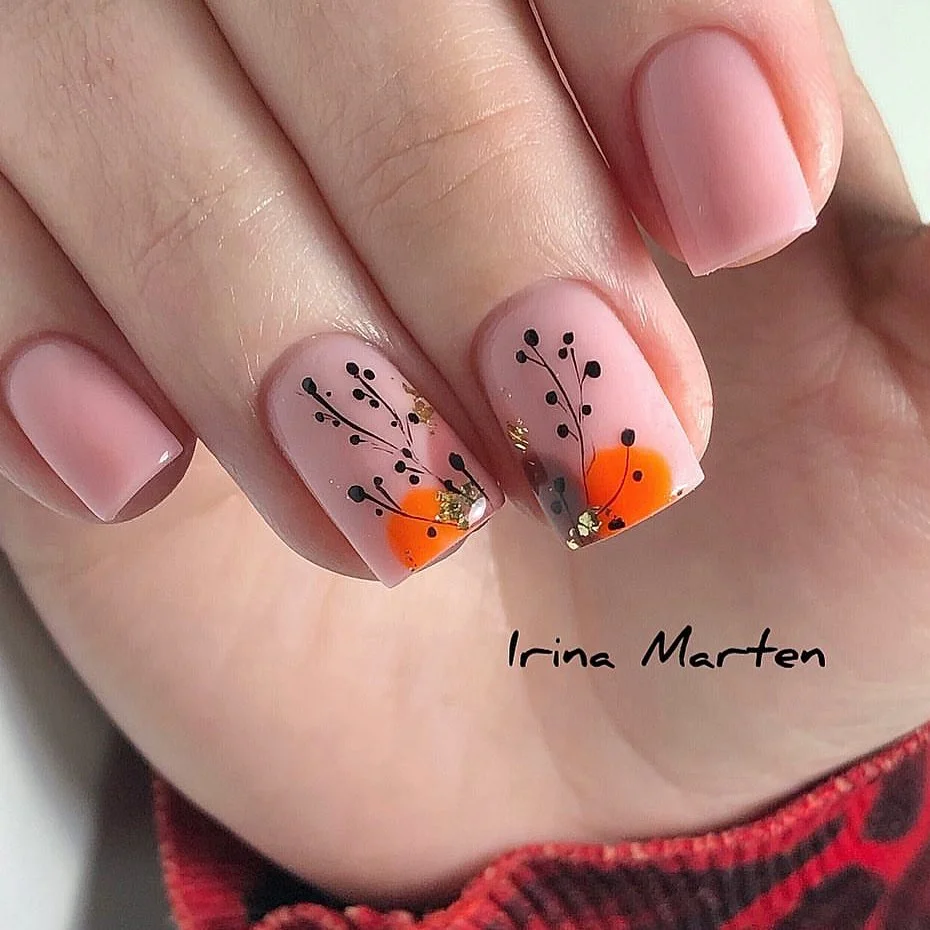 fall nails for pale skin 2026 Blush Pink And Pumpkin Orange Botanical Tips