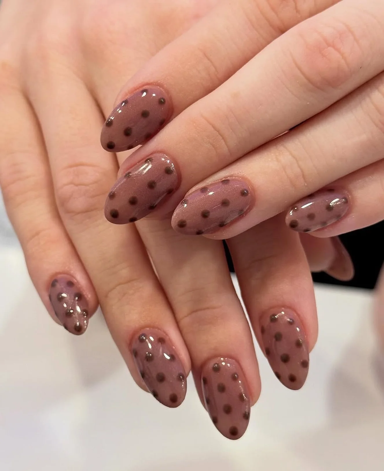 fall short almond nails 2026 Chocolate Sheer Polka Dot Minimalism