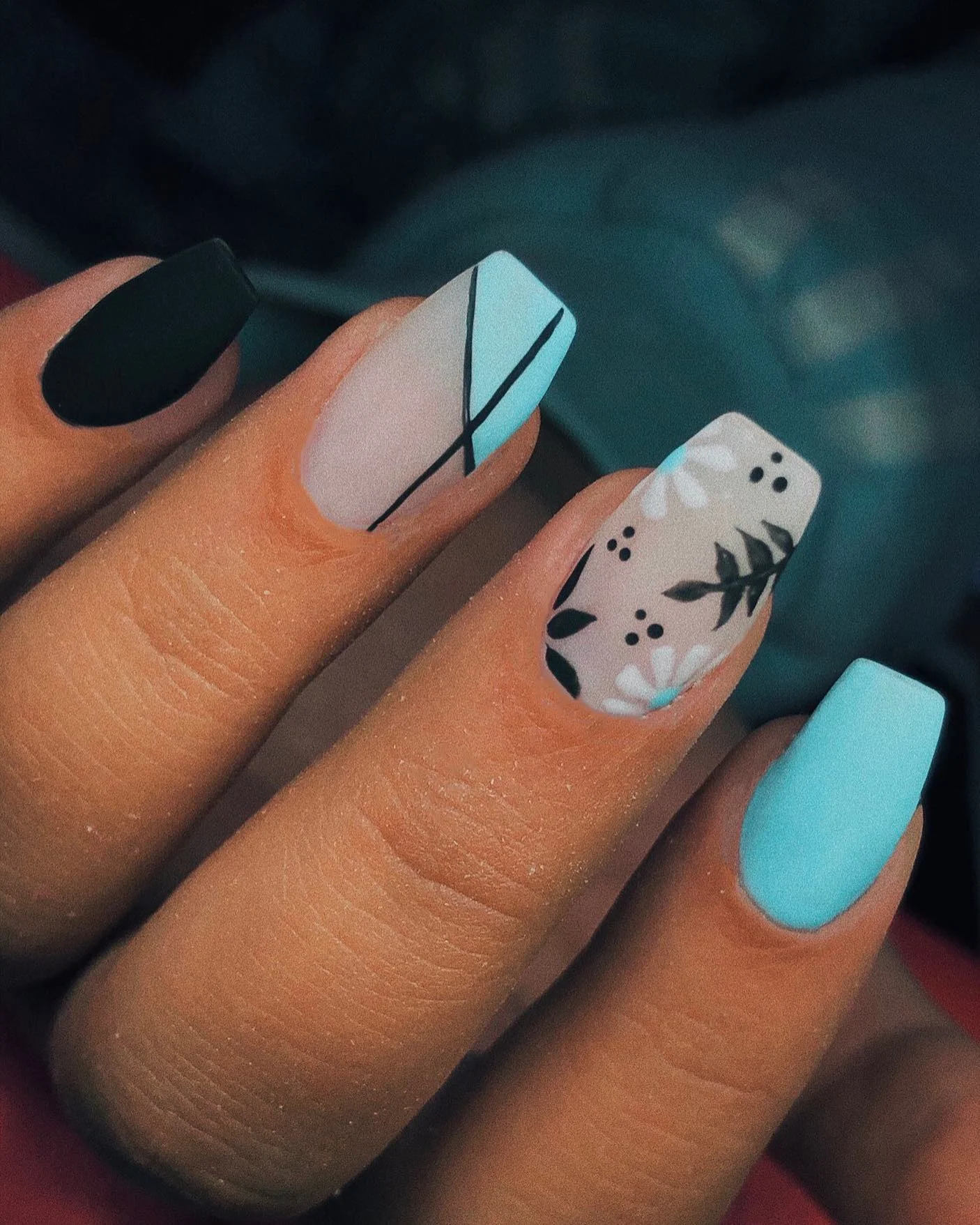 fall short coffin nails designs 2026 Cool Blue Botanical Accents With Graphic Black Lines