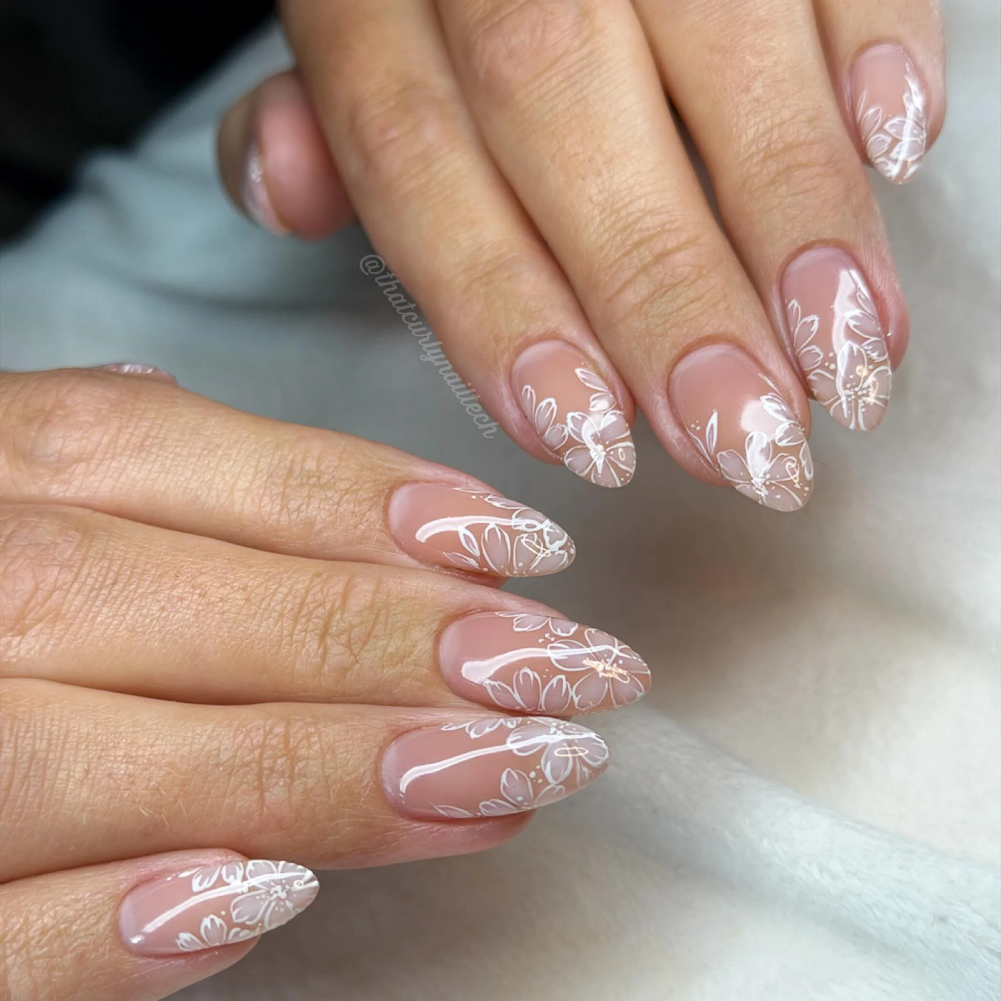 fall wedding nails 2026 Minimal Floral Line Art On Soft Nude Almond Nails