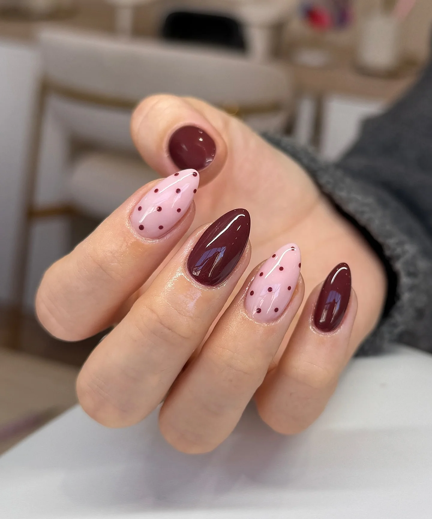 fall burgundy nails with design Glossy Burgundy And Pink Polka Dot Almonds