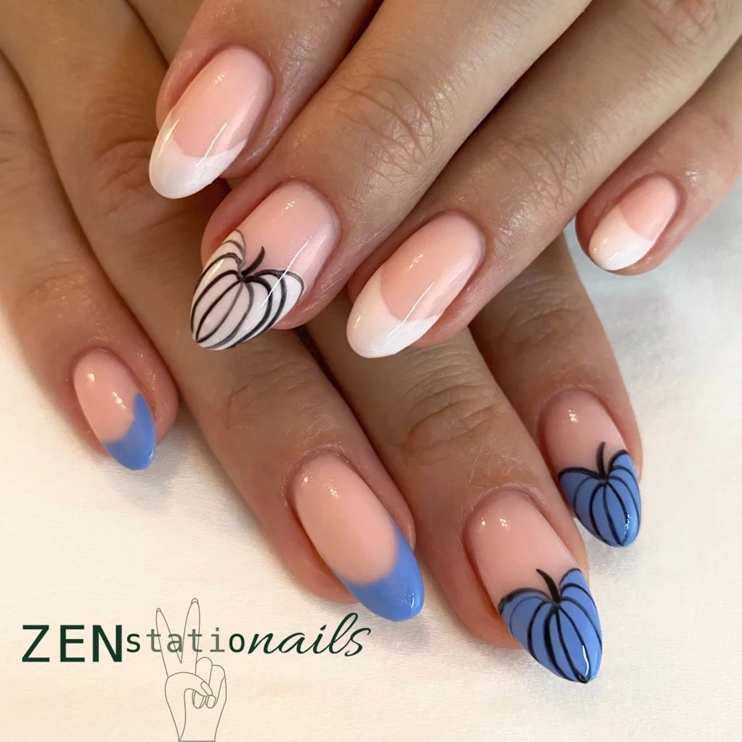 fall french nails 2026 Blue Pumpkin French Nails For A Fresh Autumn Twist