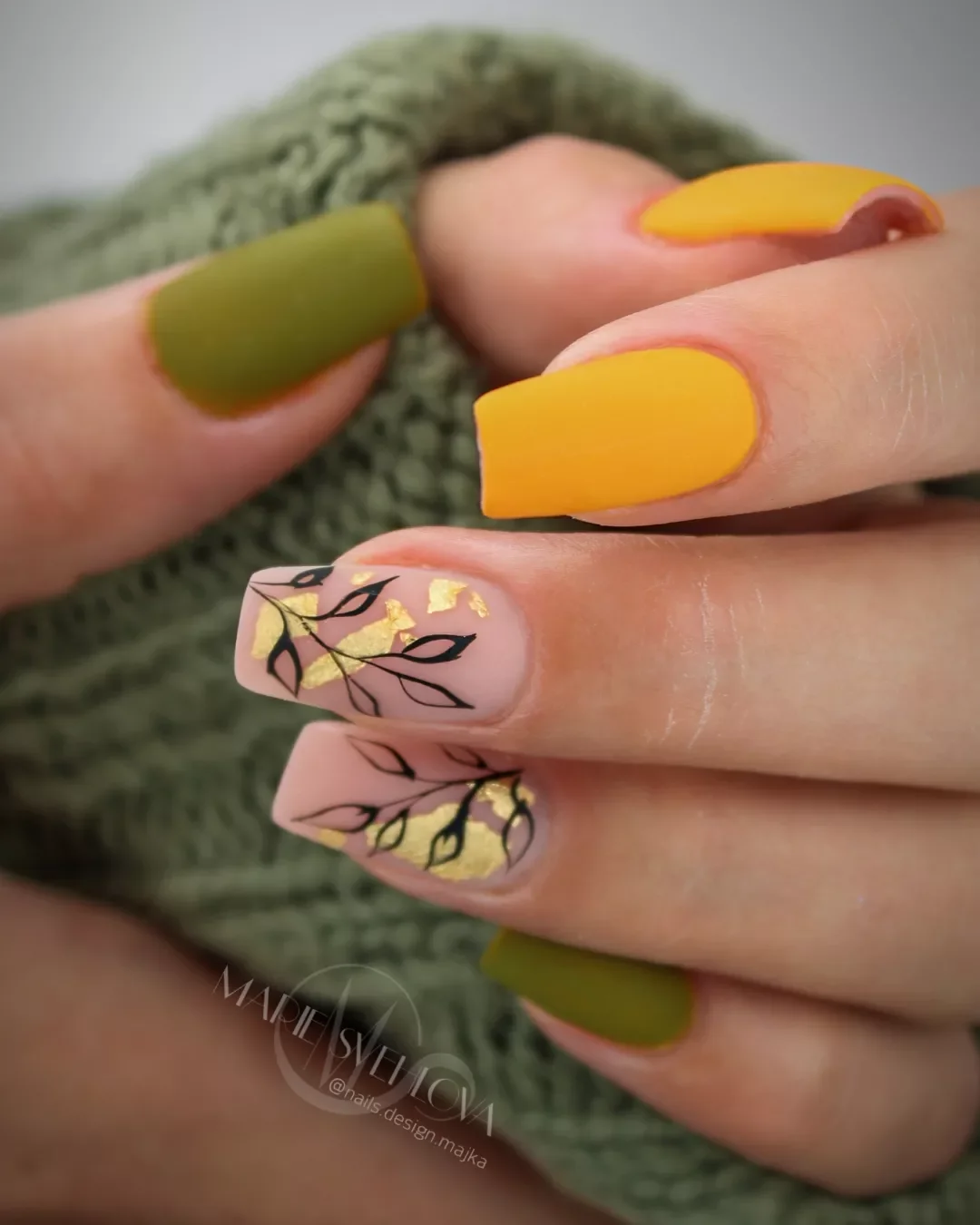 fall matte nails 2026 Golden Yellow With Olive And Botanical Foil