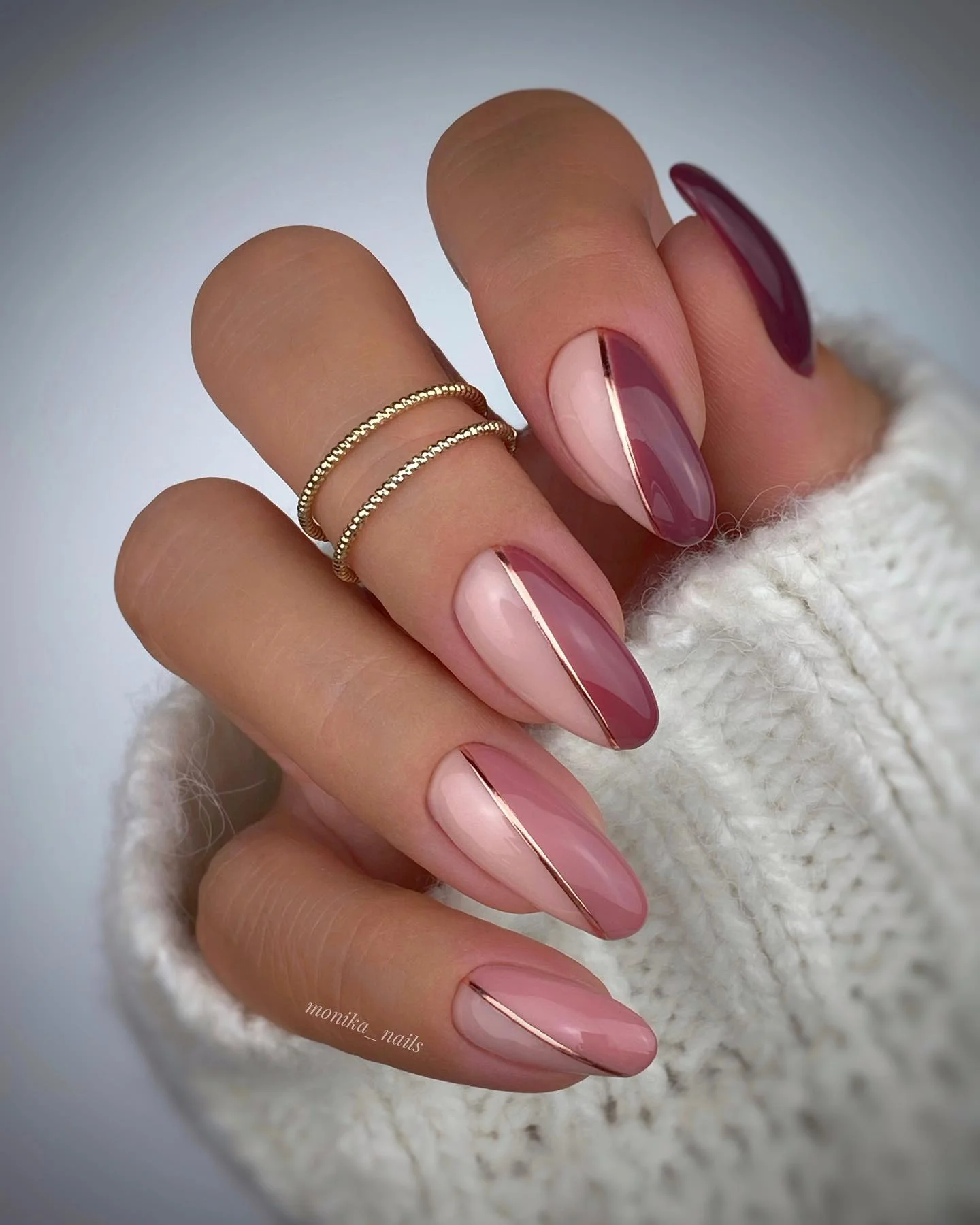 fall medium length nails 2026 Sheer Pink With Sleek Rose Gold Lines