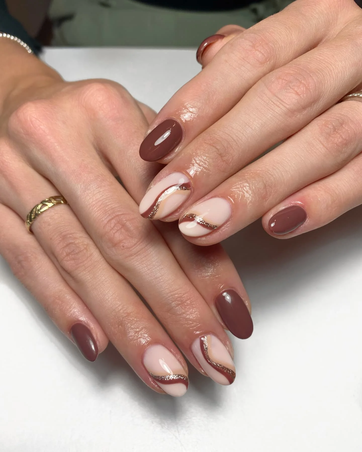 fall mid length nails 2026 Elegant Mocha Waves With Metallic Ribbon Details
