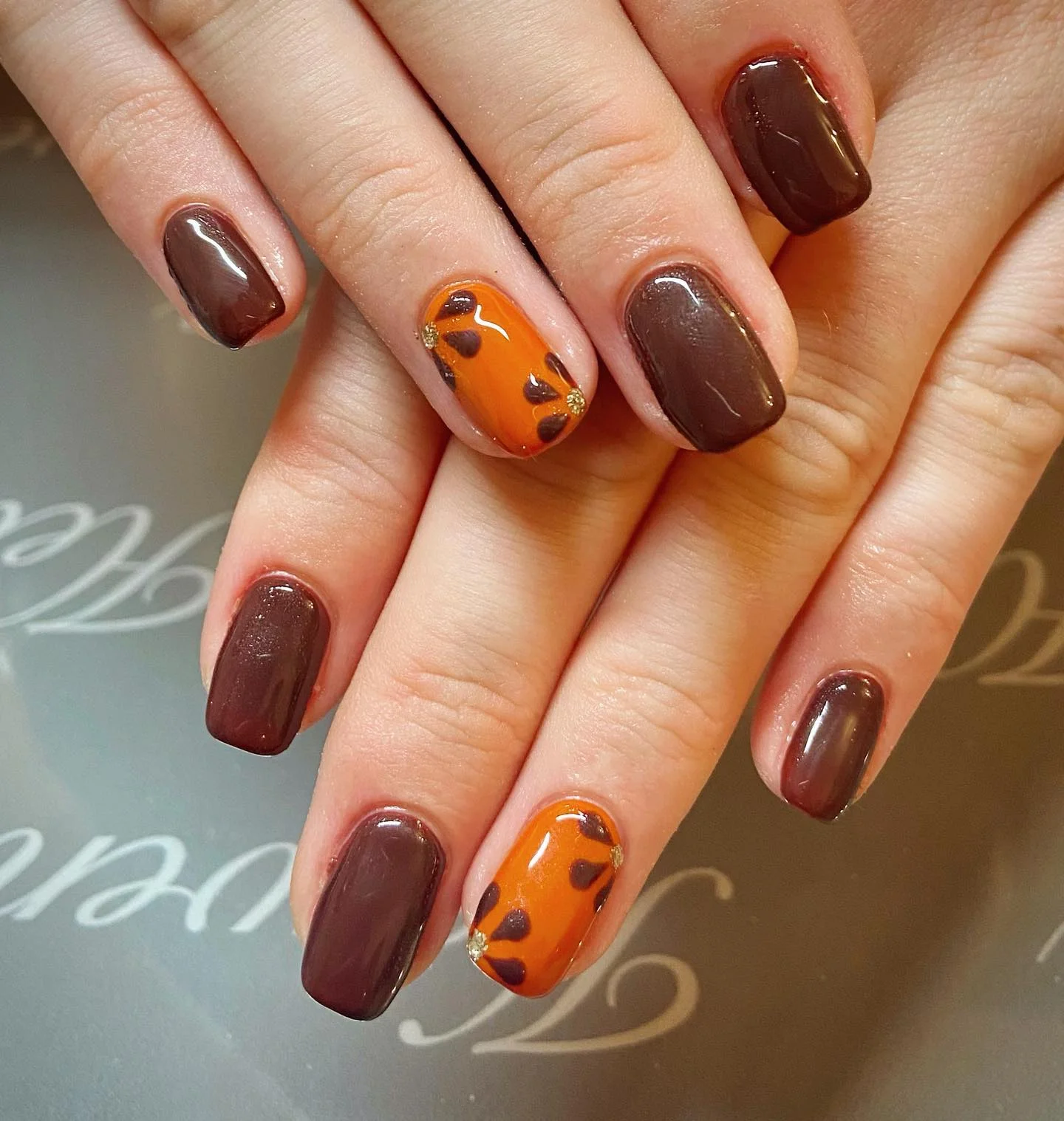 fall nail designs square shape 2026 Chocolate Brown And Pumpkin Accent Nails