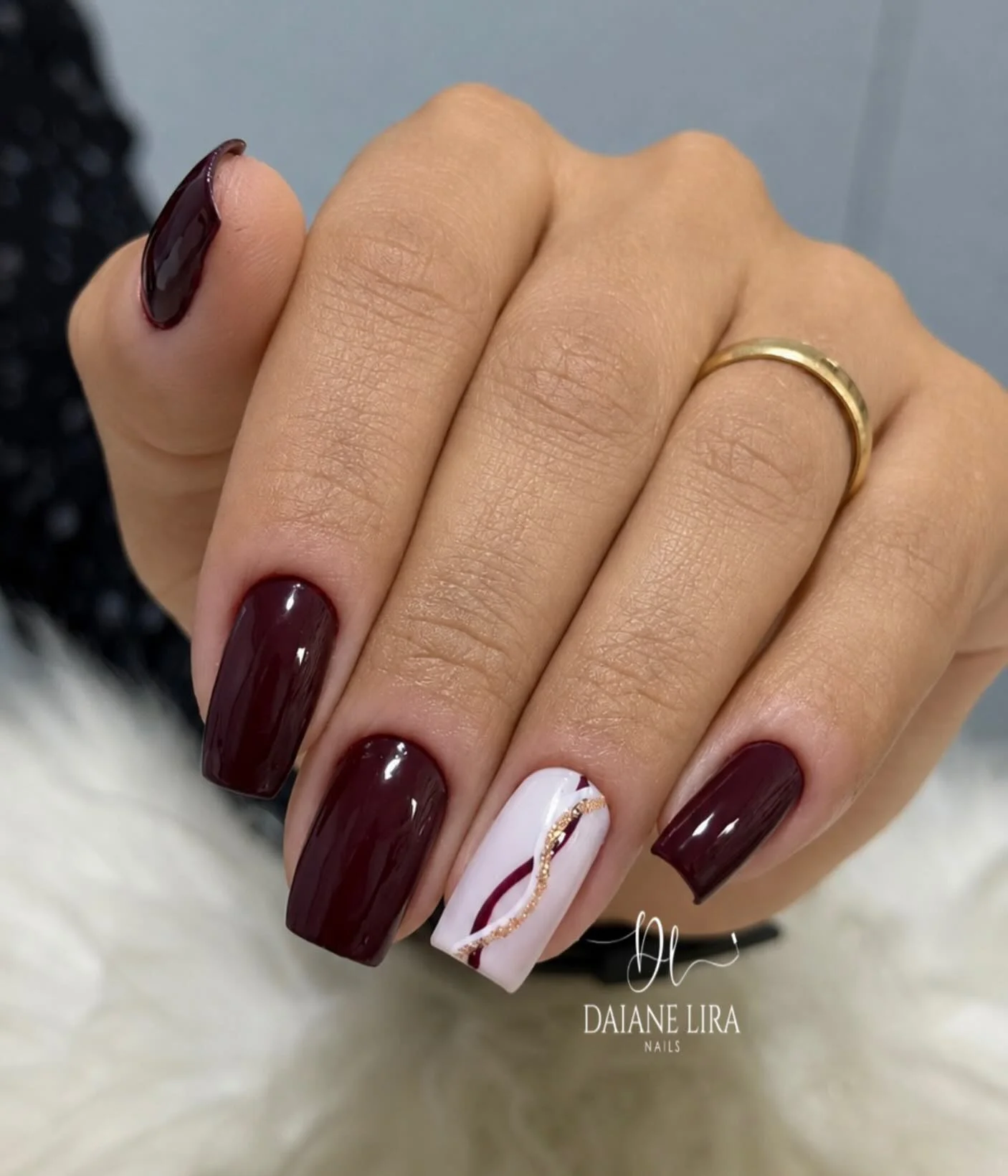 fall nails with accent nail Burgundy And White With A Fine Gold Ribbon