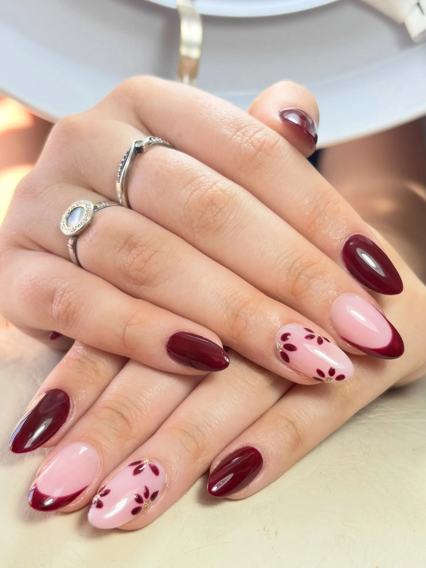 fall short almond nails 2026 Elegant Burgundy French With Delicate Floral Details