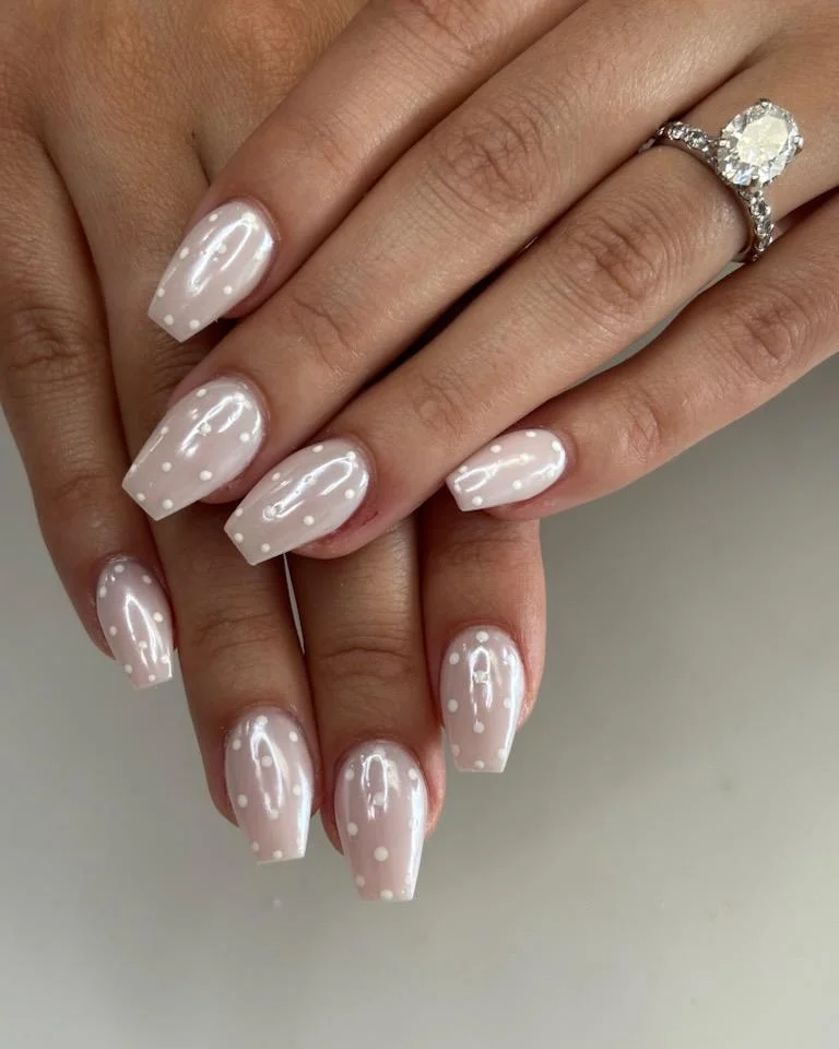 fall short coffin nails designs 2026 Milky White Coffin Nails With Soft Pearl Dots