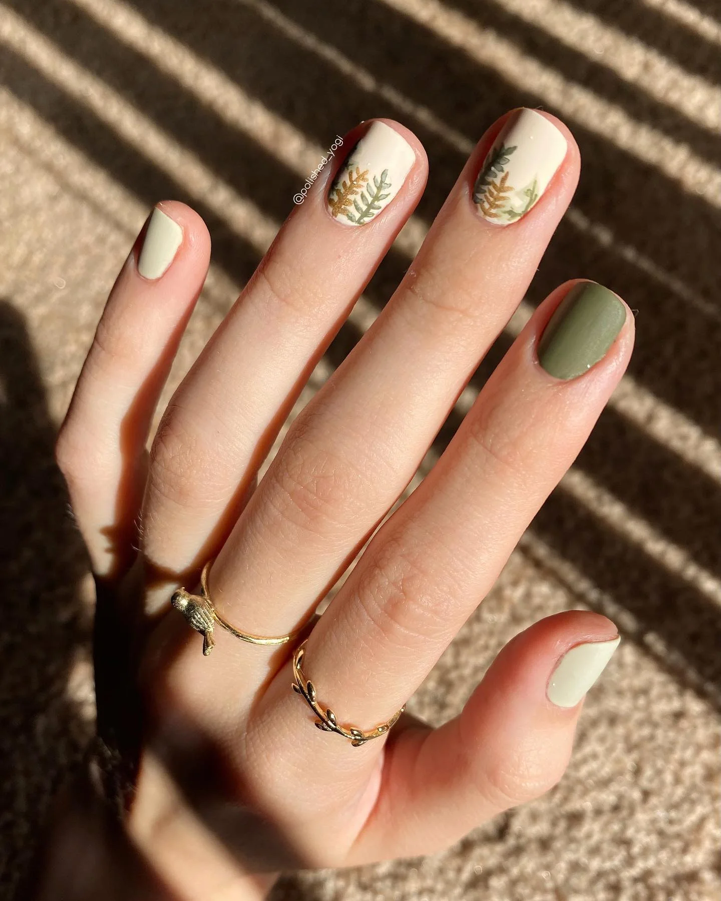 matte fall nails design 2026 Creamy Neutral Nails With Tiny Autumn Botanical Sprigs