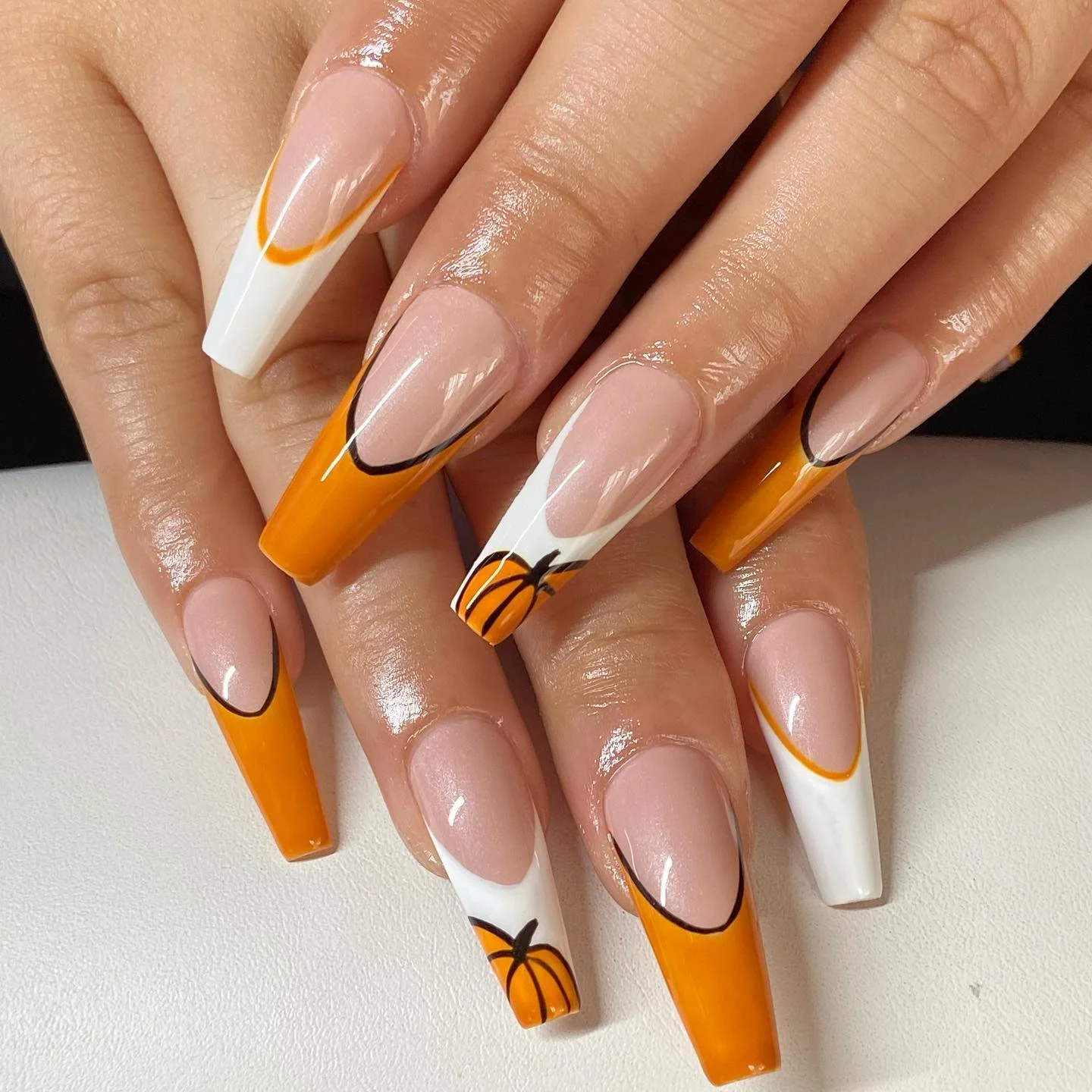 fall french nails 2026 Pumpkin Spice Coffin French With Modern Graphic Lines
