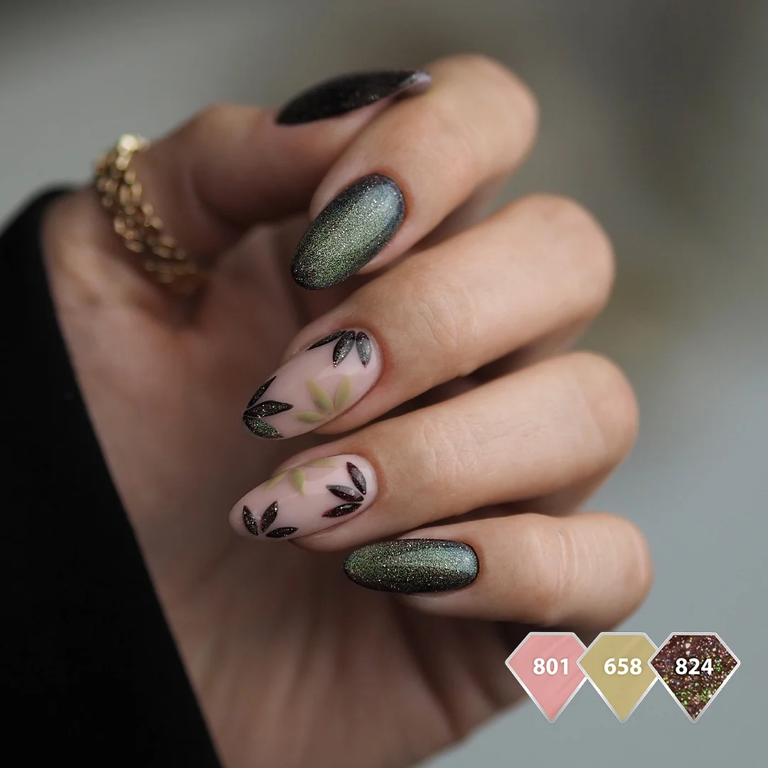 fall manicure ideas 2026 Shimmering Olive Botanical Nails