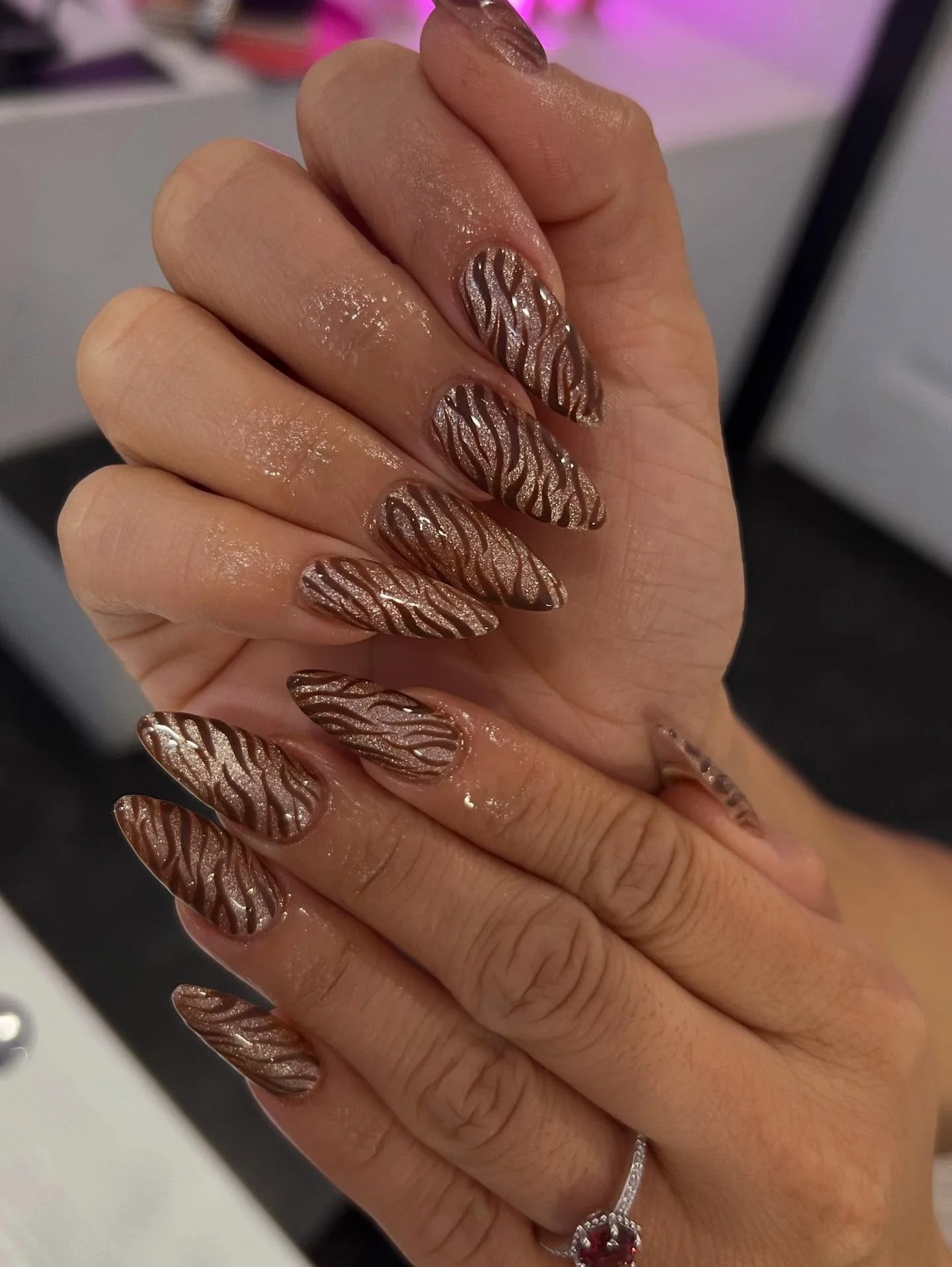 fall nail inspiration 2026 Bronzed Velvet Zebra Nails With Metallic Dimension