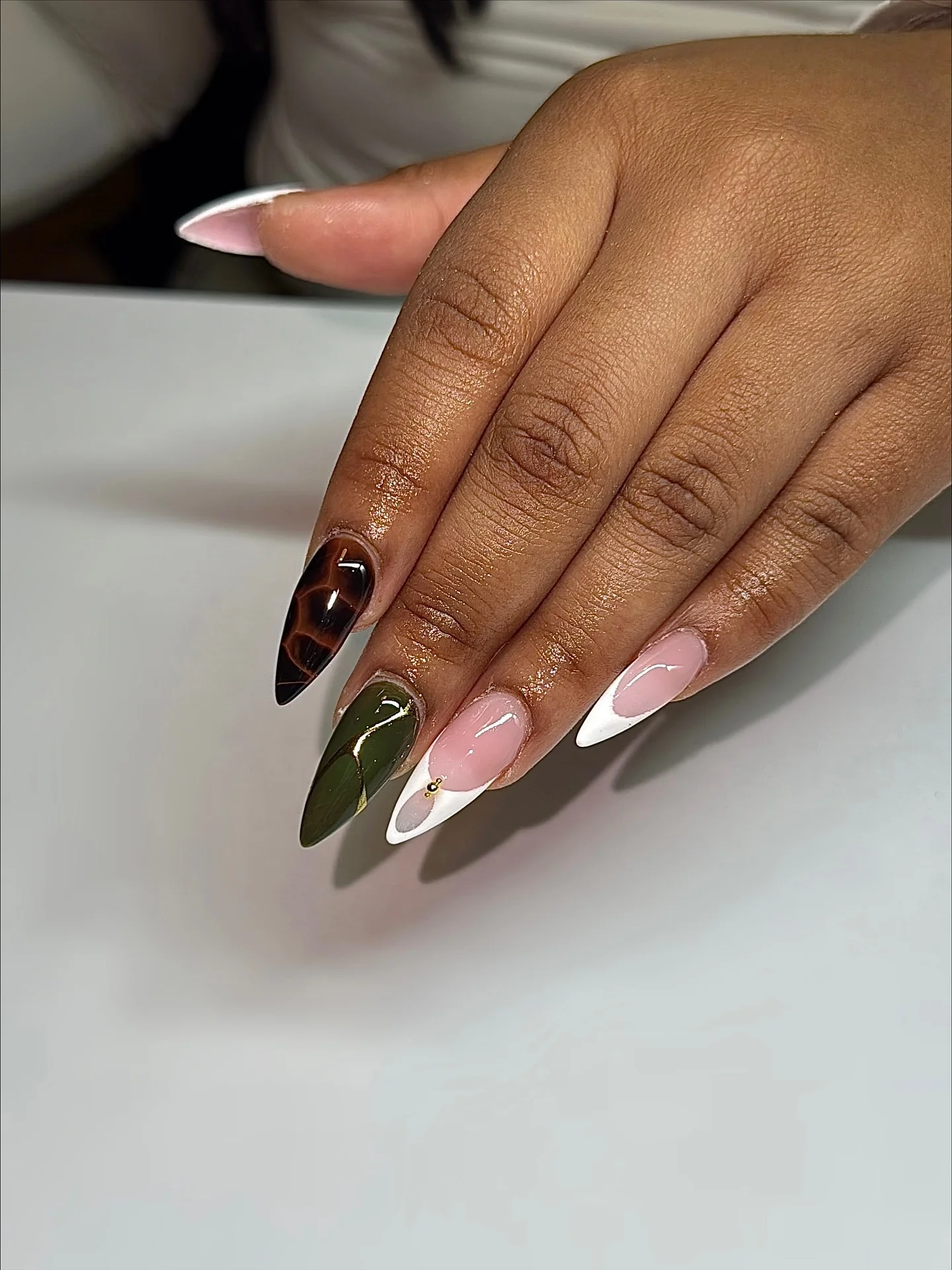 fall nails for brown skin tone Almond Chocolate Olive And Soft Pink Contrast
