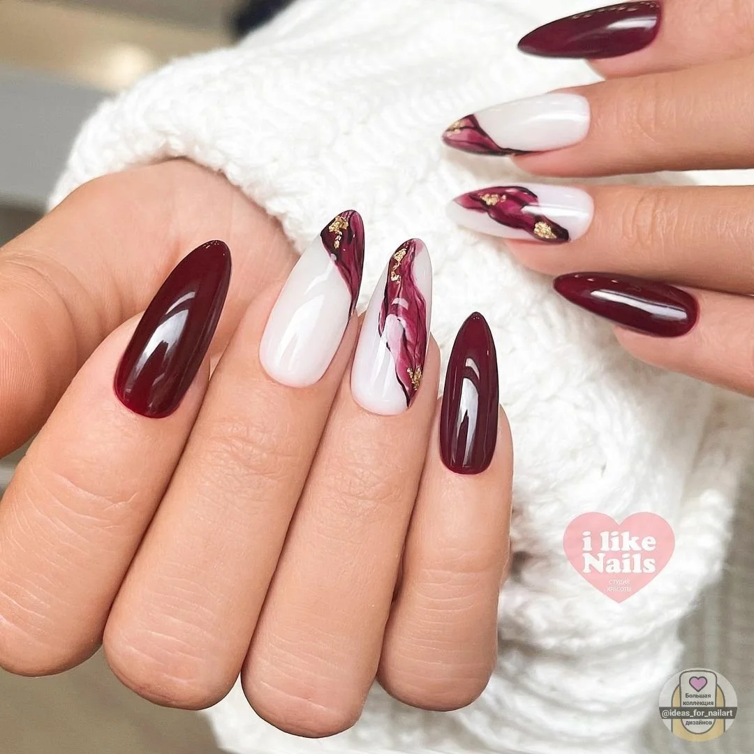 fall nails for olive skin tone 2026 Burgundy Marble With Flecks Of Gold