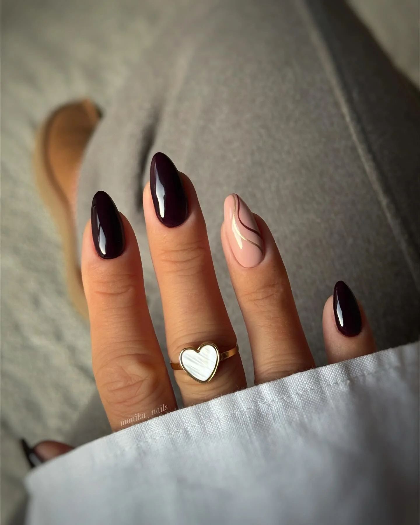 fall nails with accent nail Deep Burgundy With A Sculptural Nude Accent