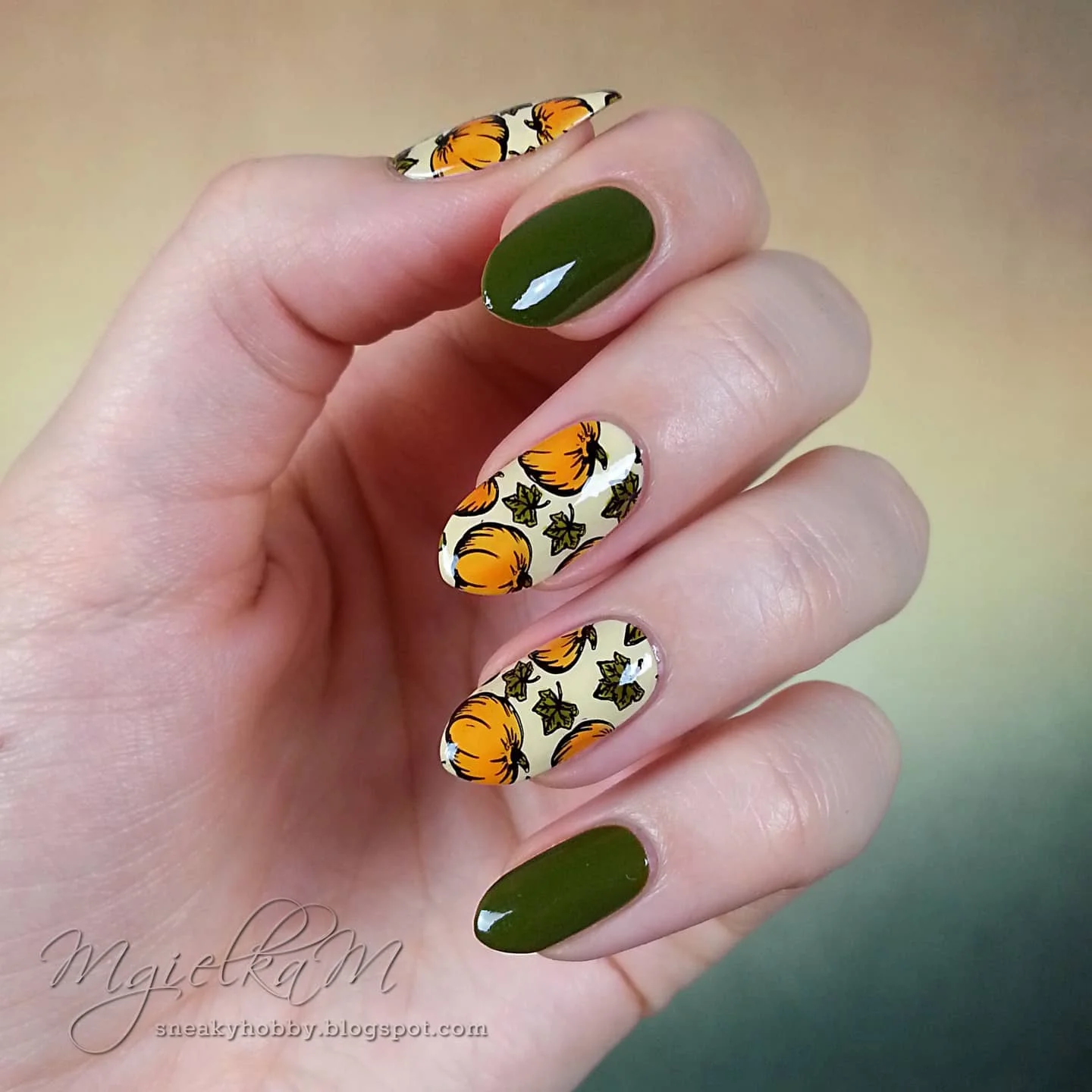 fall nails with pumpkins 2026 Olive Green Pumpkins And Autumn Leaves