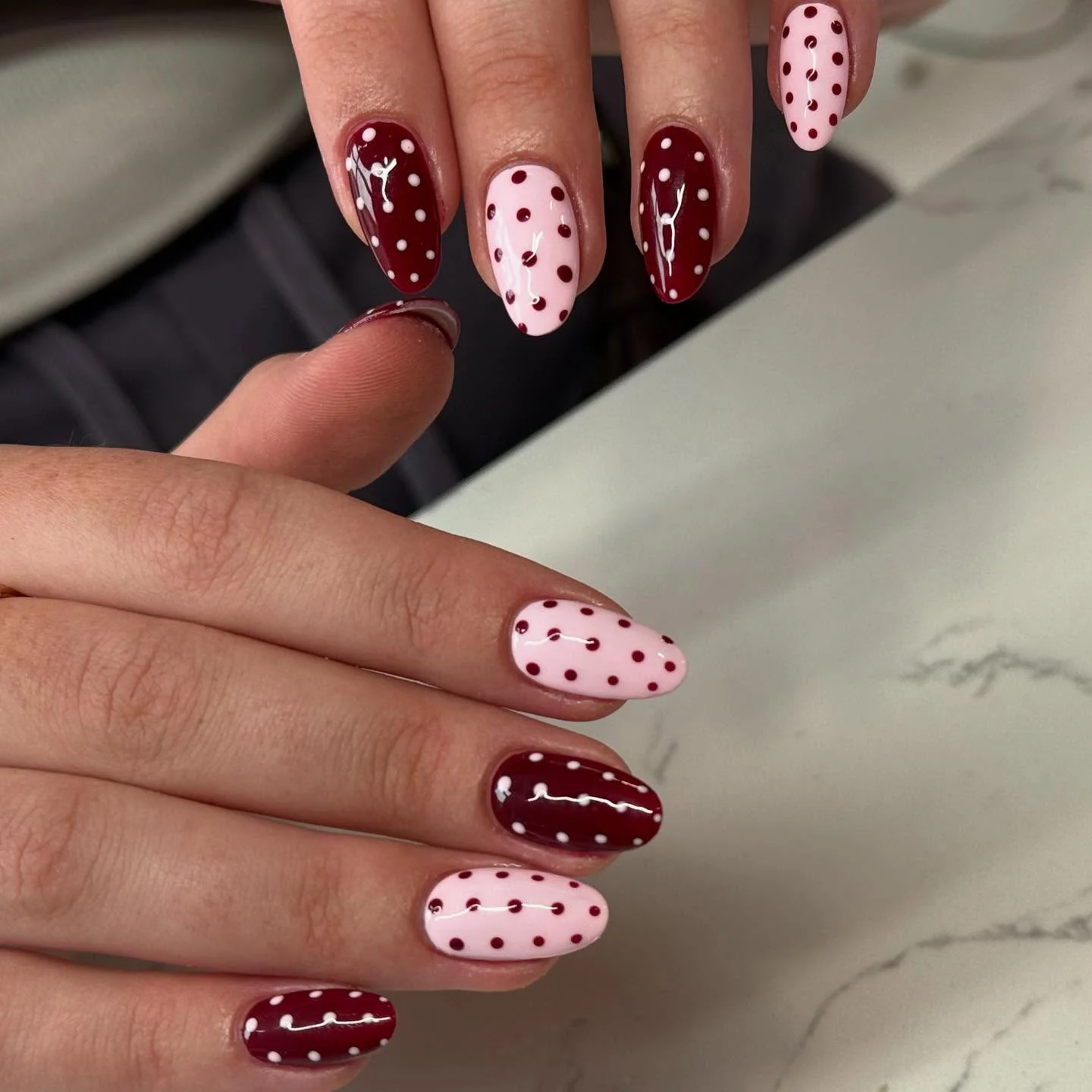 polka dot fall nails 2026 Burgundy And Blush Dots For A Romantic Fall Contrast