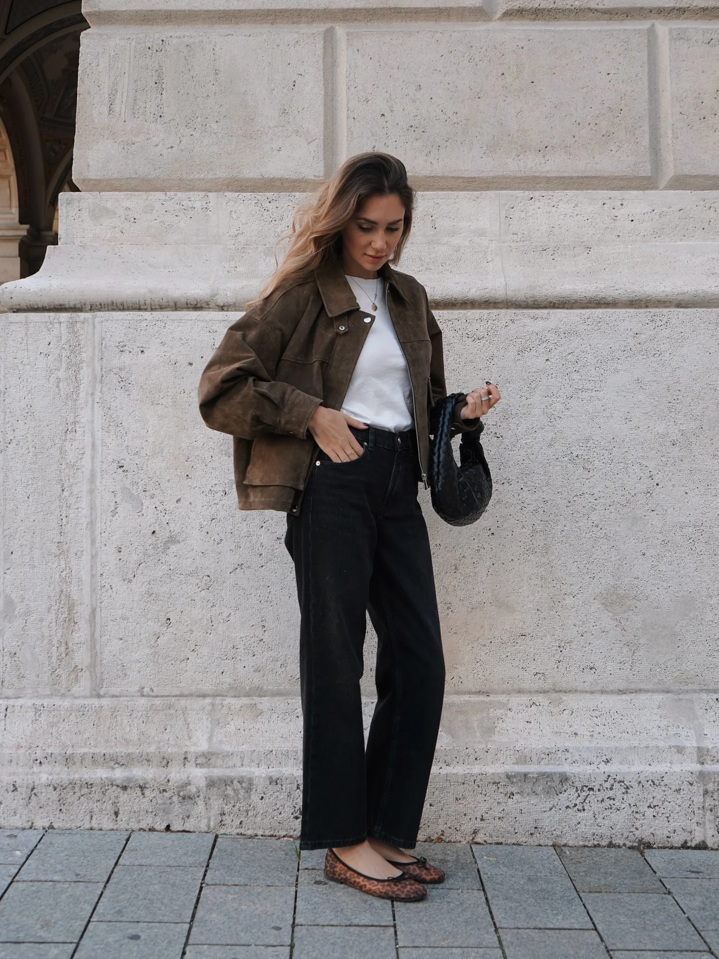 september outfit ideas 2026 Brown Jacket With A White Tee And Leopard Ballet Flats