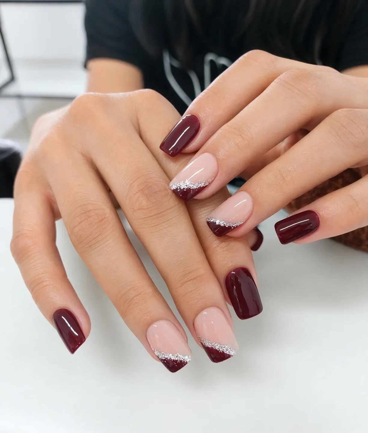 fall burgundy nails with design Classic Burgundy French Tips With Silver Glitter Lines
