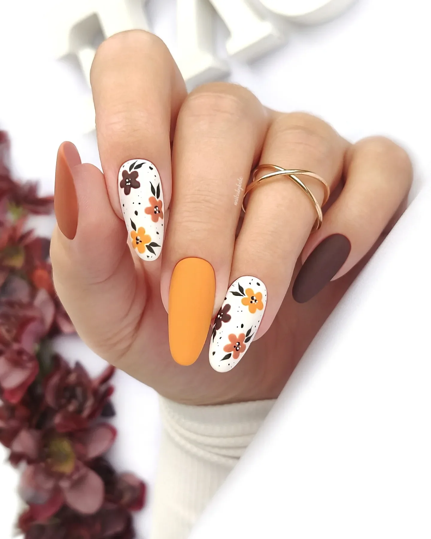 fall long nails 2026 Autumn Orange Floral Nails With Chocolate And Cream Accents