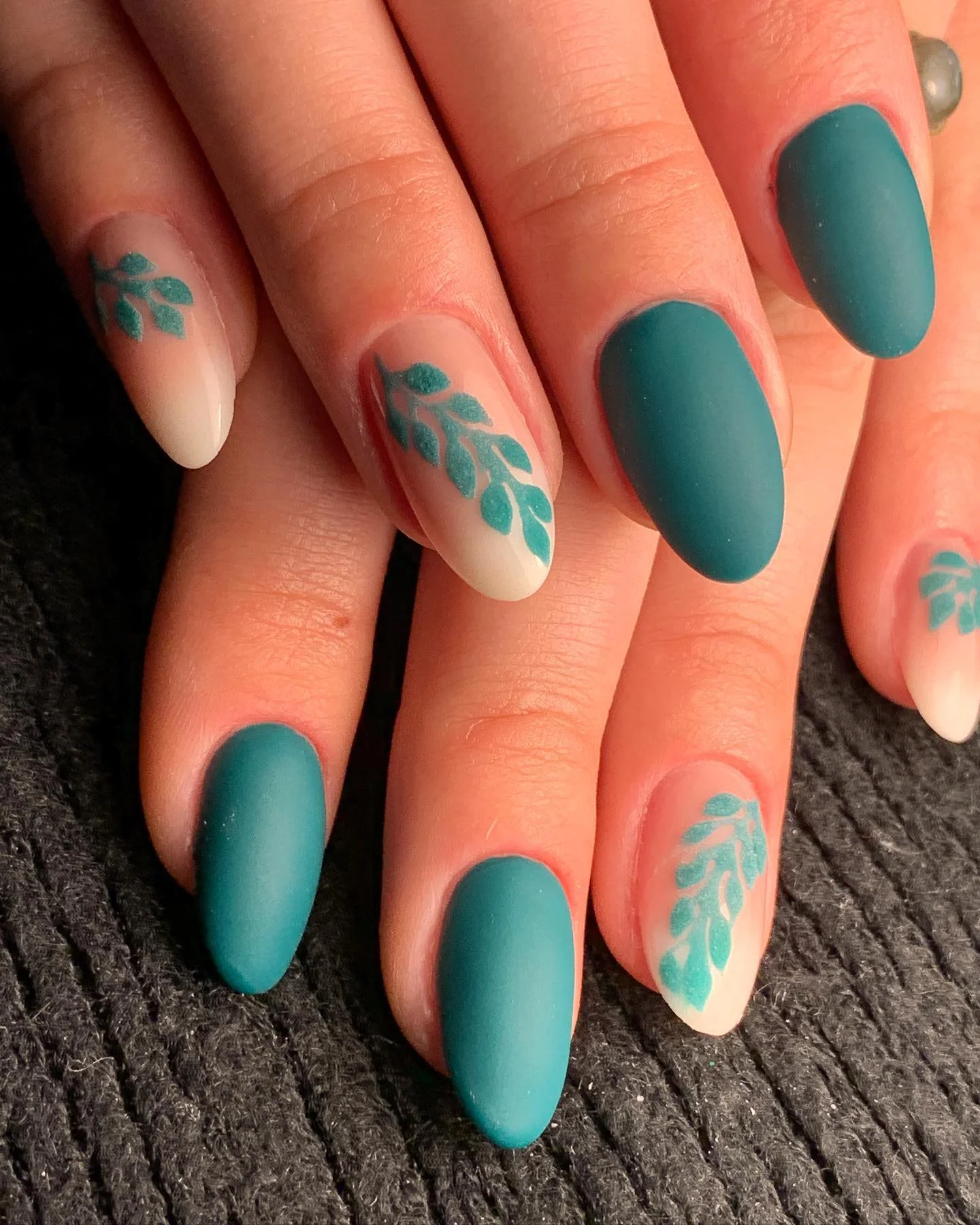 fall matte nails 2026 Teal Green With Delicate Leaf Accents