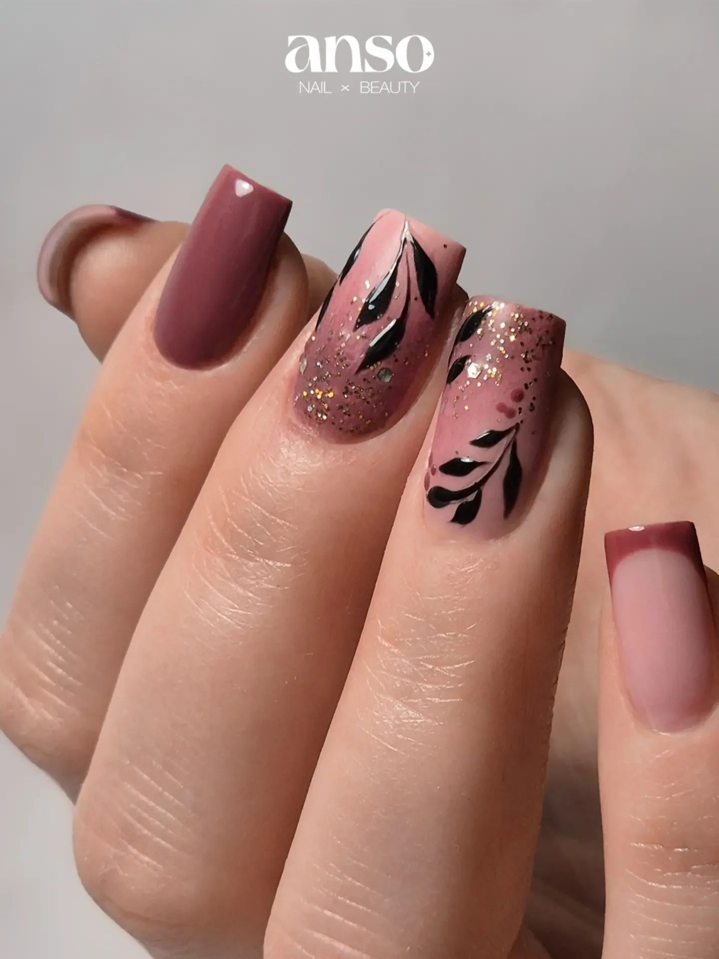 fall medium length nails 2026 Berry Pink French Tips With Black And Gold Botanical Art