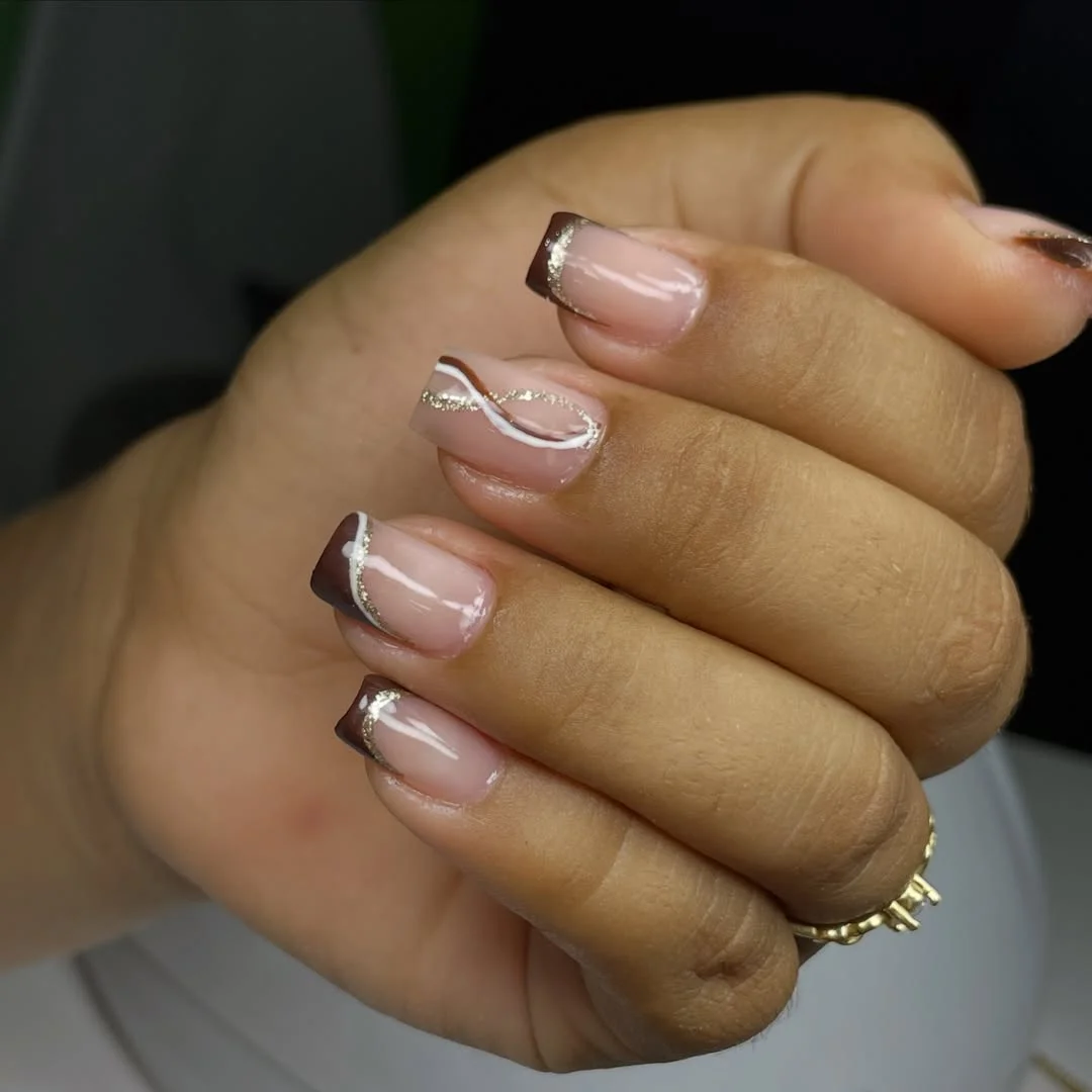 fall nail designs square shape 2026 Elegant Cocoa French Tips With Flowing Gold Lines