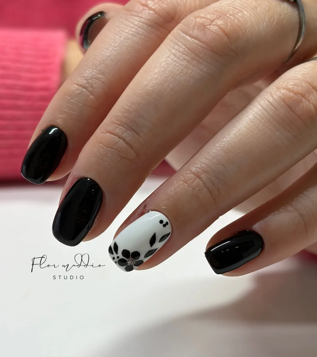fall nails with accent nail Black Gloss With A Botanical White Accent