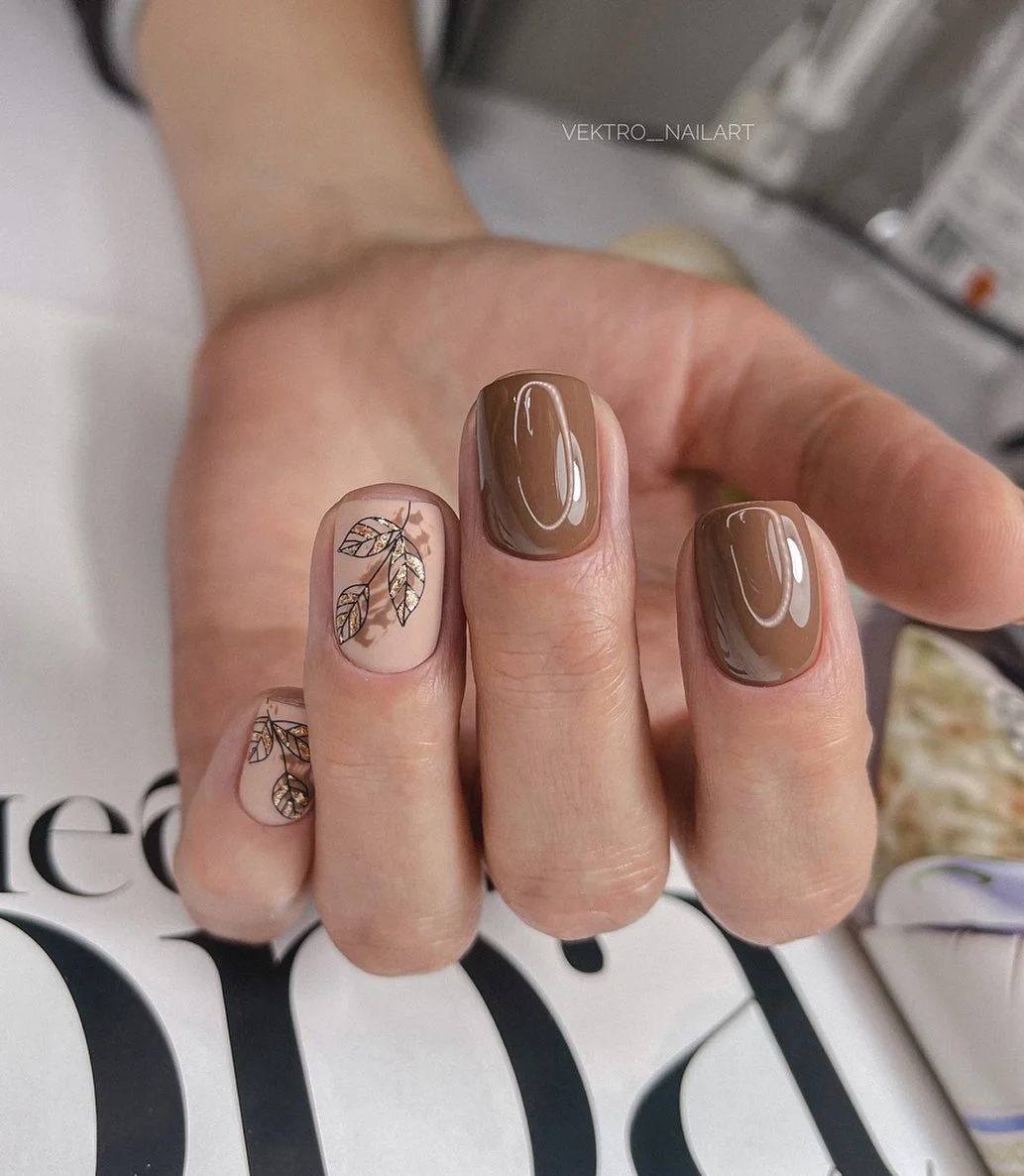fall nails with autumn designs Glossy Mocha Nails With Delicate Leaf Accents