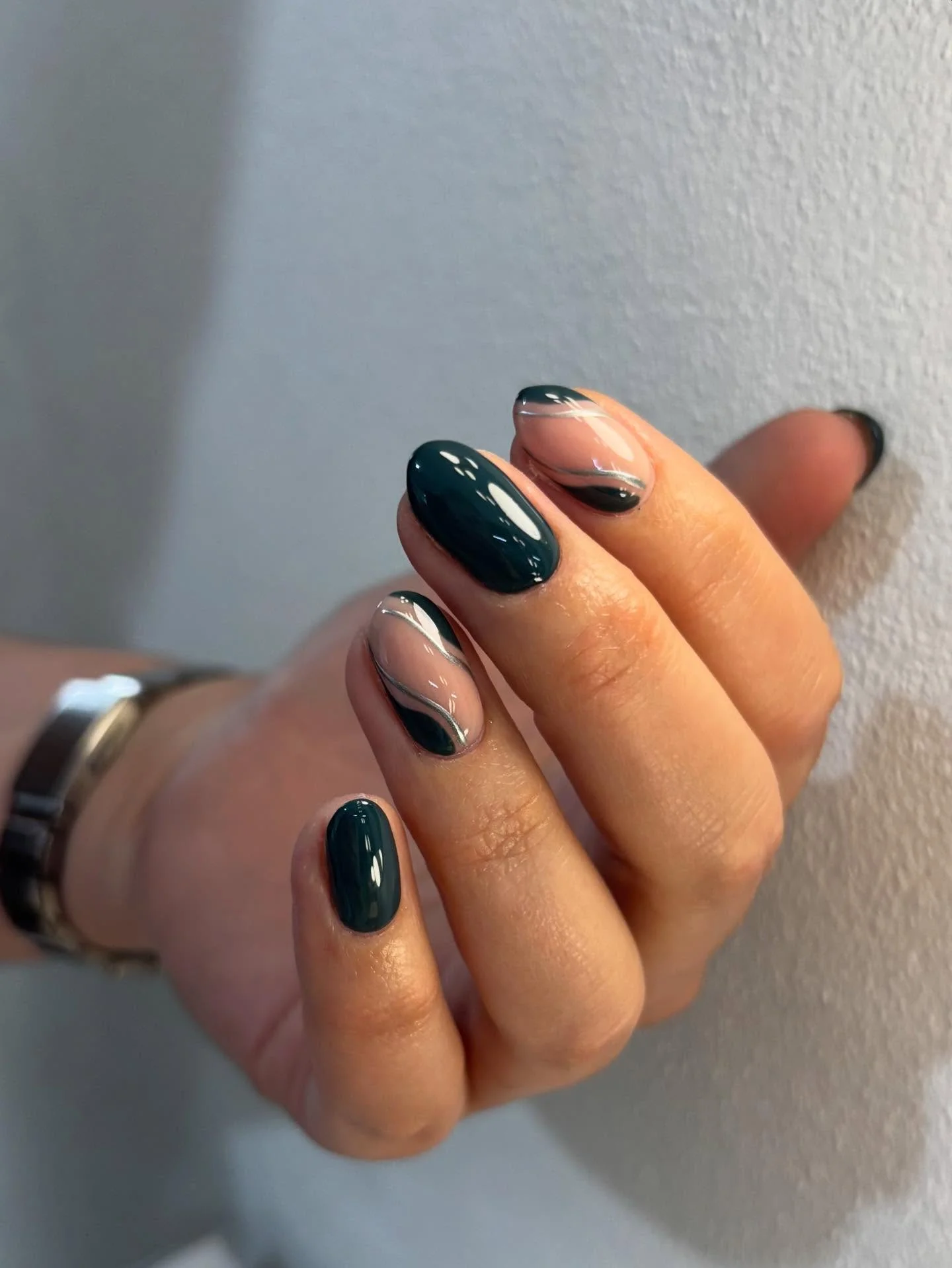 fall short almond nails 2026 Deep Forest Green Abstract Waves