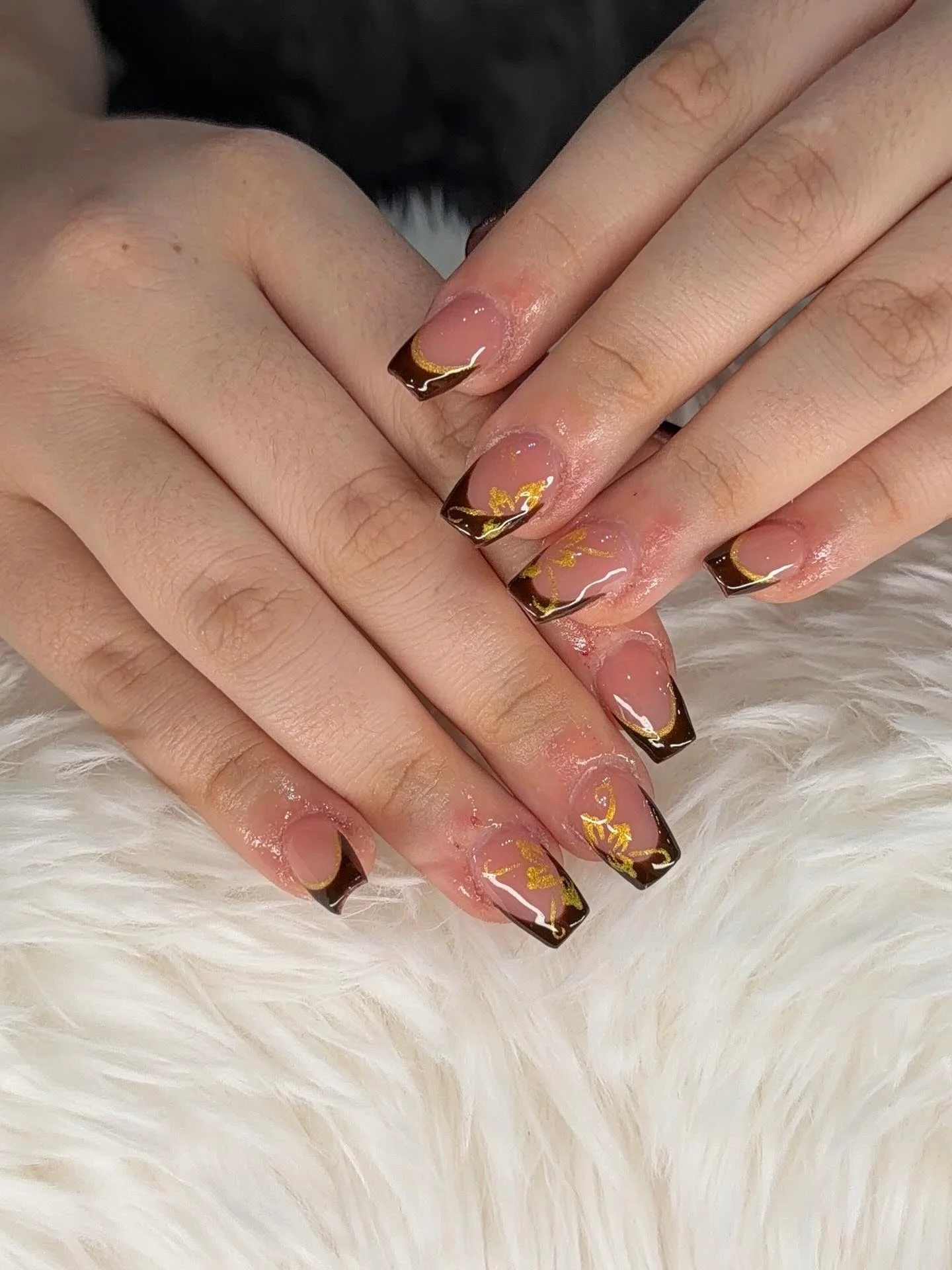 fall short coffin nails designs 2026 Chocolate French Tips With Gold Foil Accents