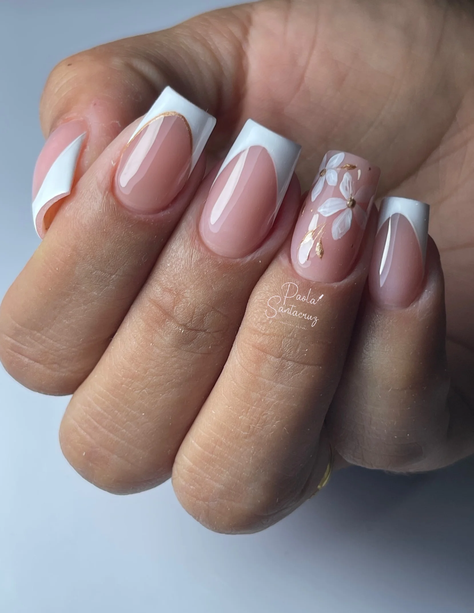 fall wedding nails 2026 Modern Square French Tips With White Floral Accent