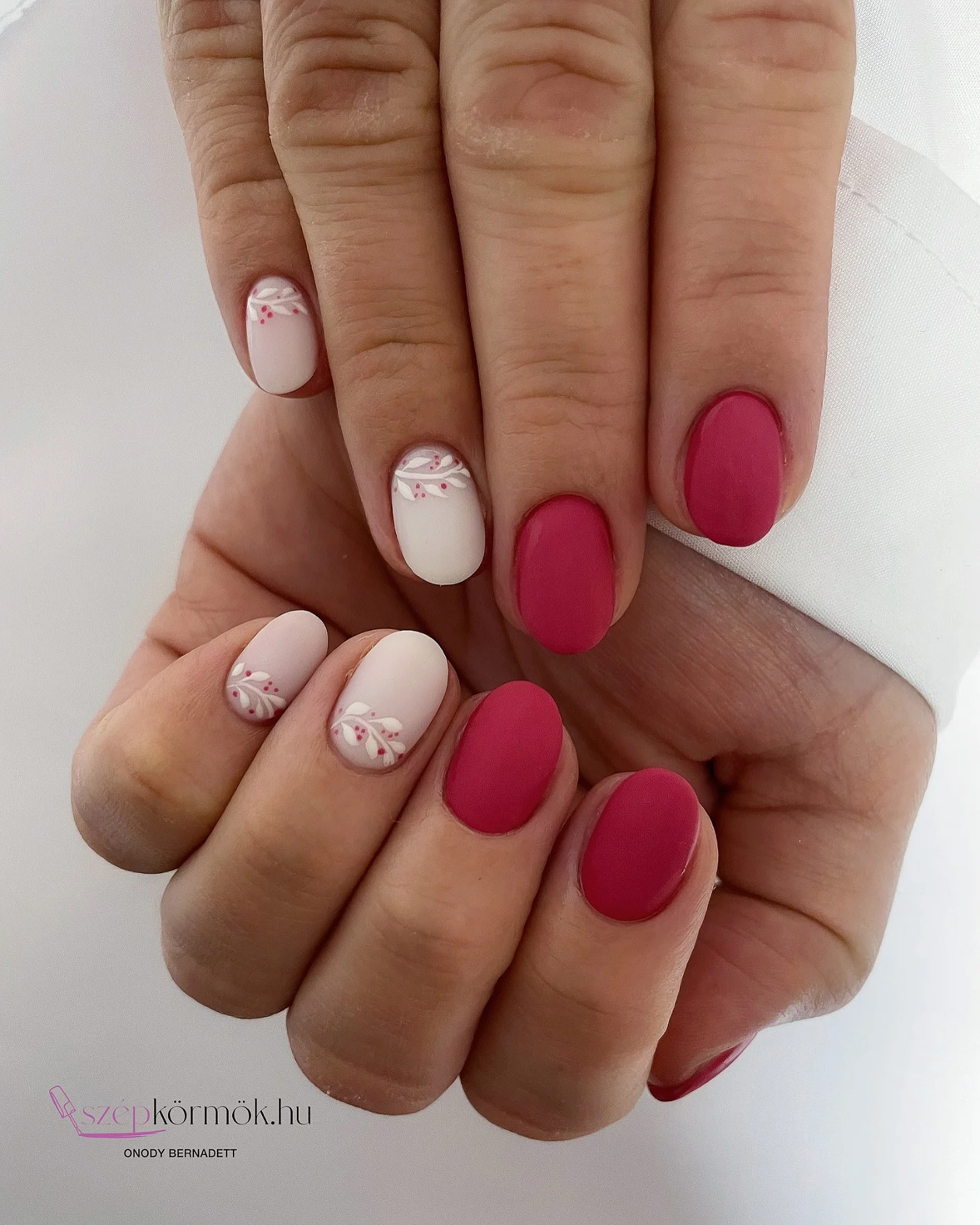 matte fall nails design 2026 Berry Pink And Delicate White Botanical Details